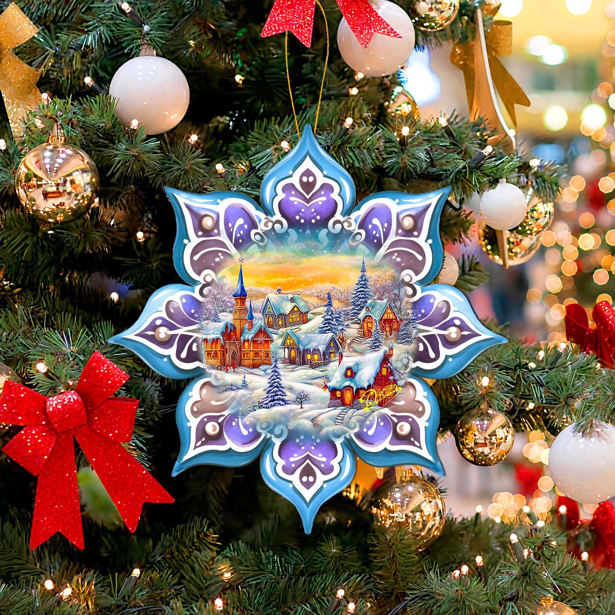 Christmas Village Snowflake Large Wooden Ornament by G. Debrekht | Christmas Décor - 8688417M-1