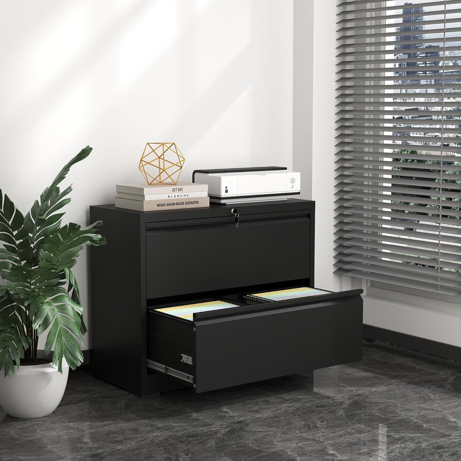 Black Lateral File Cabinet With Lock For Home Office
