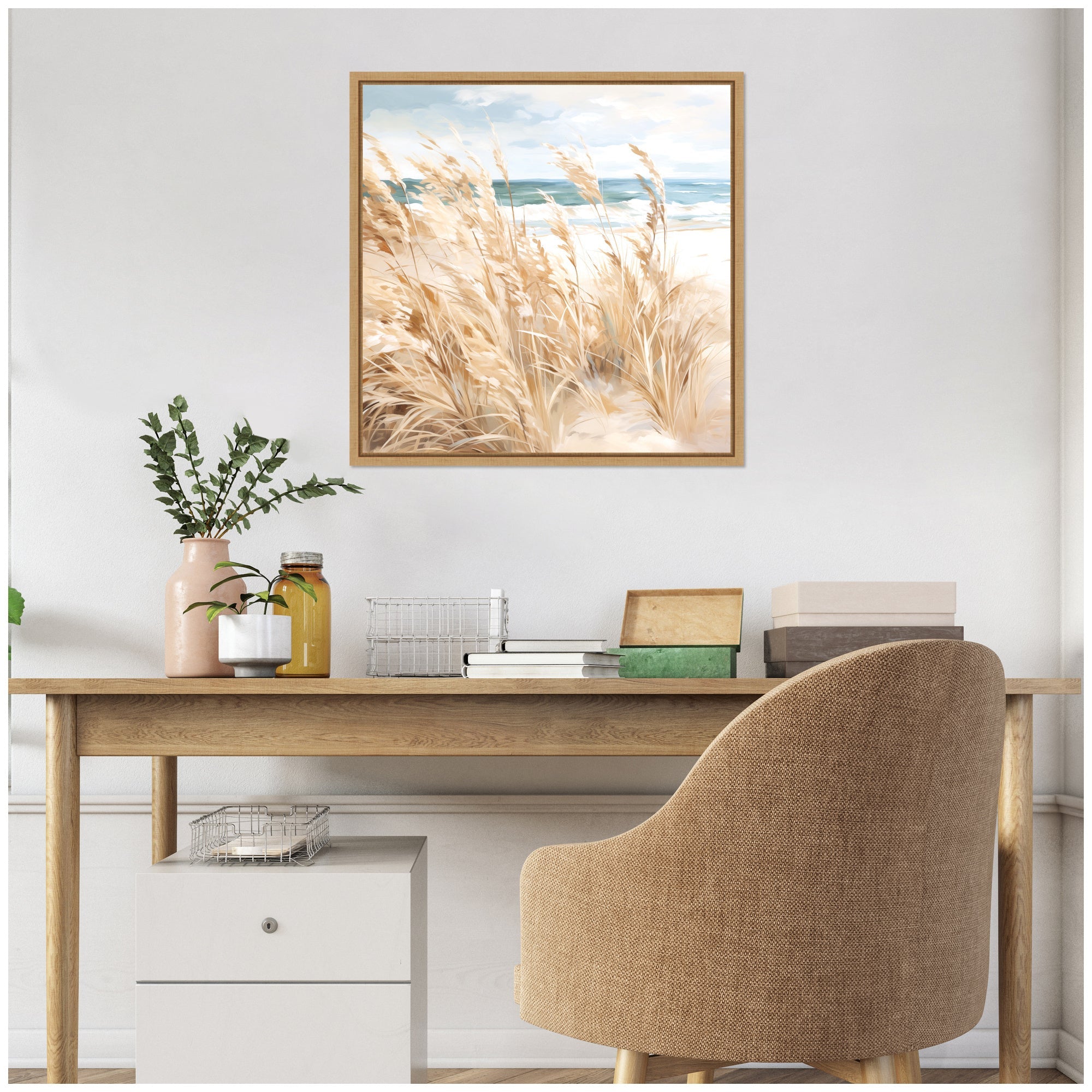Sylvie Beige Beach Grass Near Tranquil Beach Framed Canvas by The Creative Bunch Studio