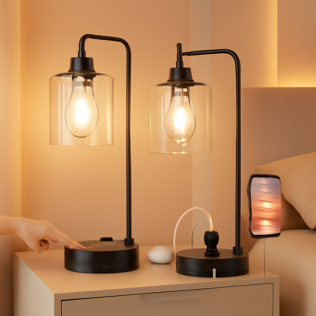 Industrial Touch Table Lamps Bundle Black 3 Way Dimmable USB
