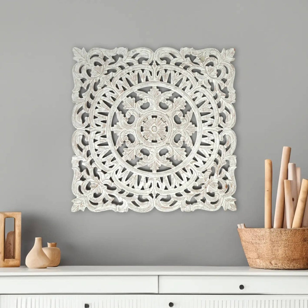 36×36" White Square Handcrafted Wooden Wall Decor | Large Statement Wood Wall Art — Elegant Home Accent