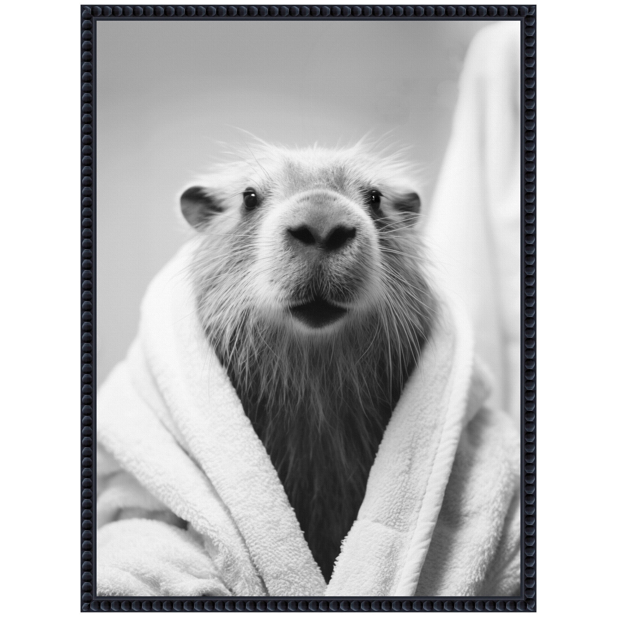 Sylvie Capybara Bathroom Art Towel Robe Black and White Framed Canvas by The Creative Bunch Studio