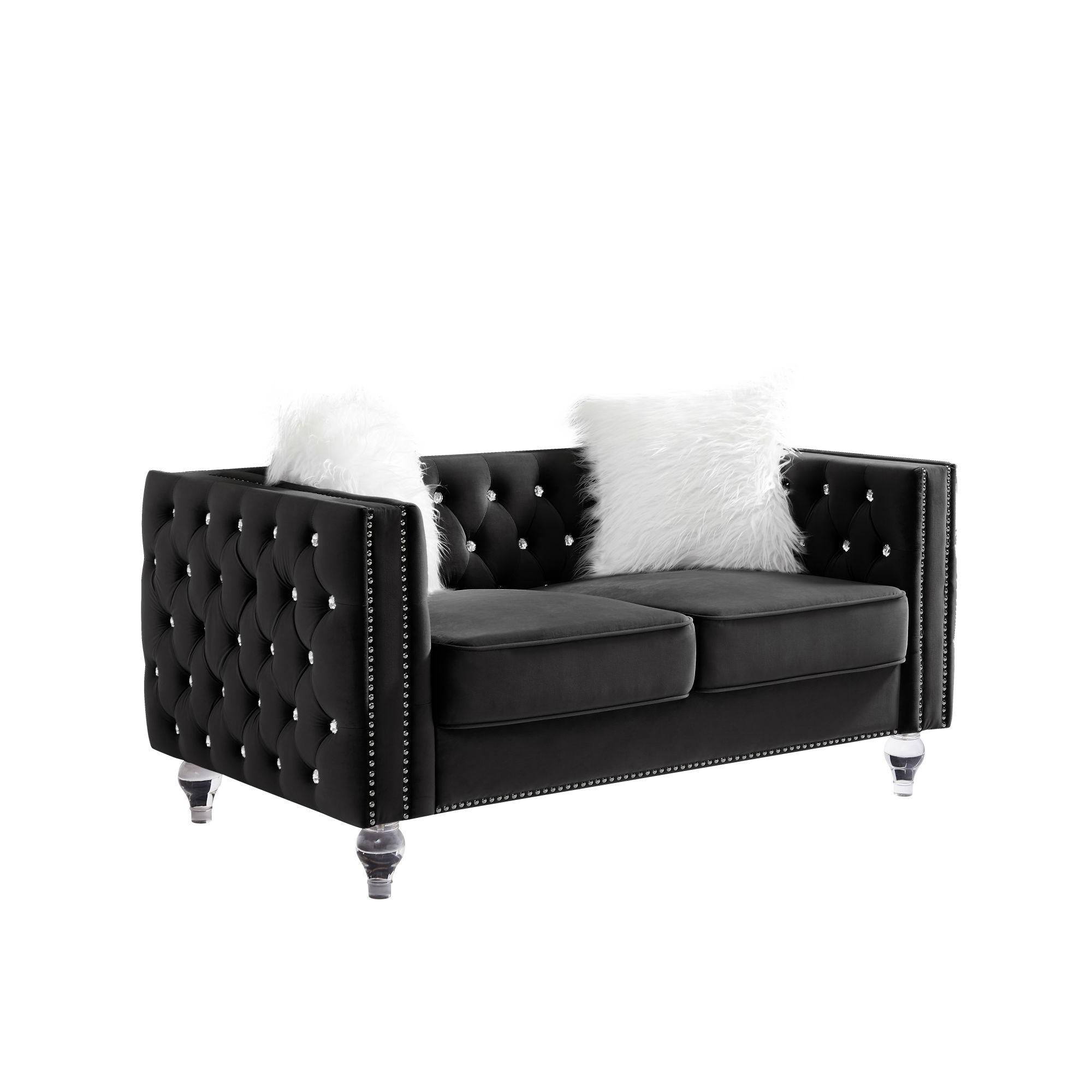 Velvet Upholstery Tufted Sofa With Crystal Feet and Removable Cushion-0