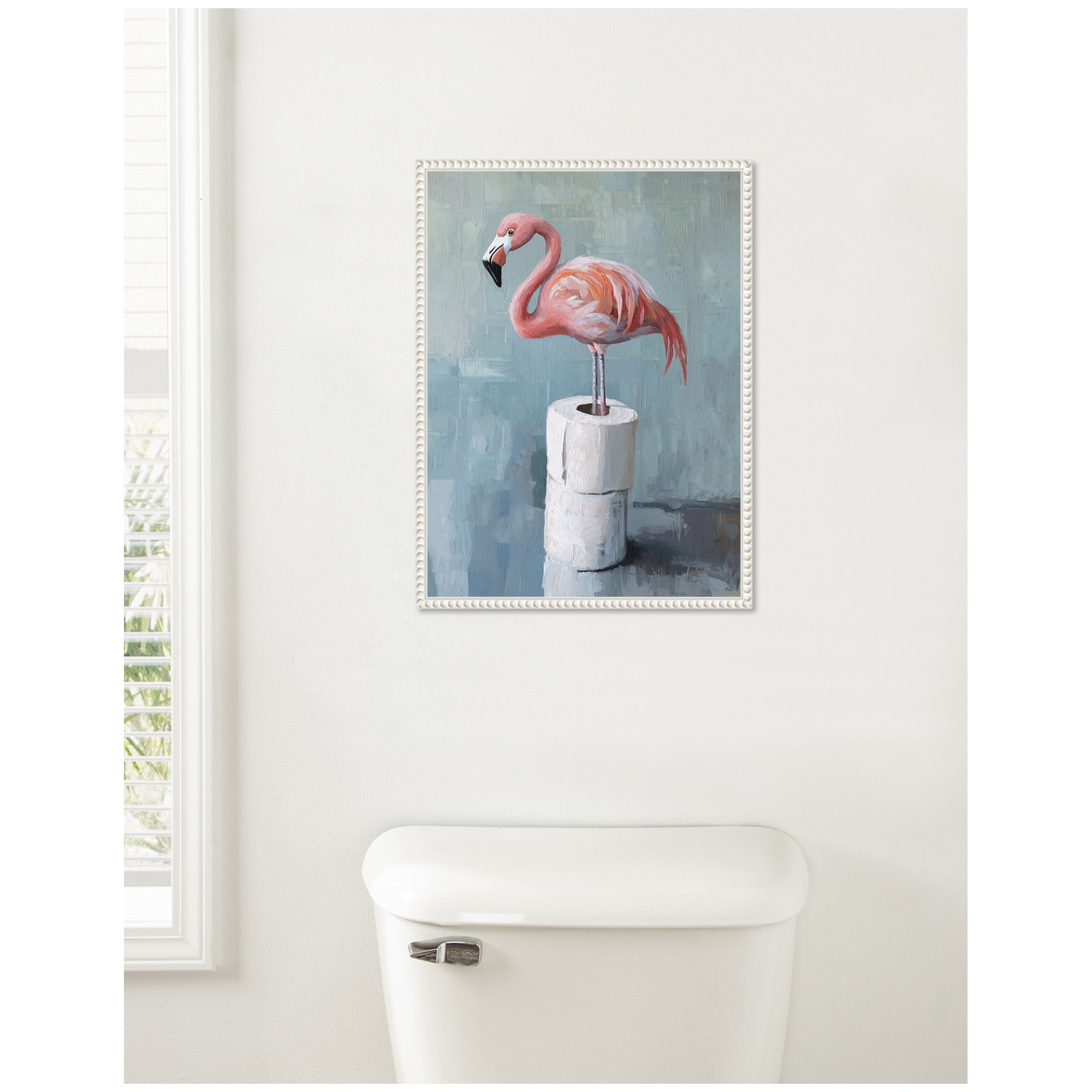 Sylvie Flamingo Standing with Toilet Paper Rolls Bathroom Art Framed Canvas by The Creative Bunch Studio