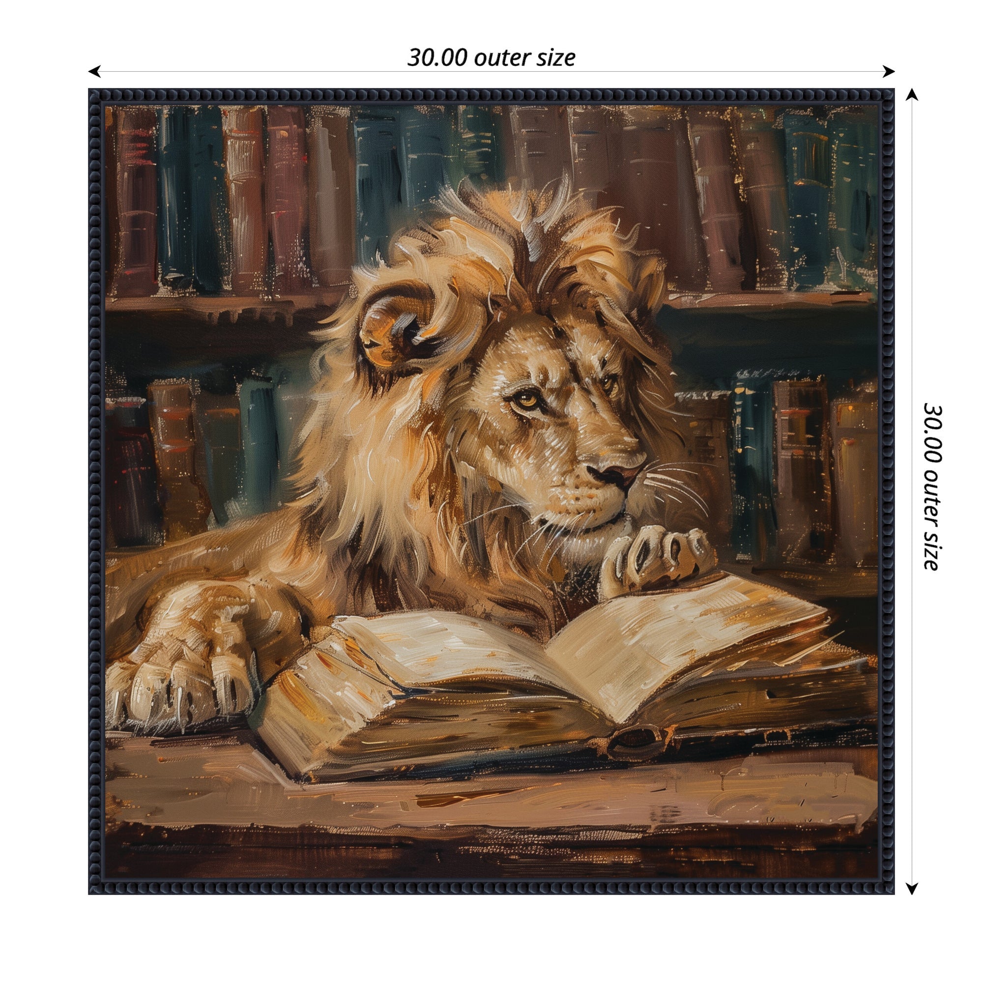 Sylvie Traditional Lion Reading in Library Framed Canvas by The Creative Bunch Studio