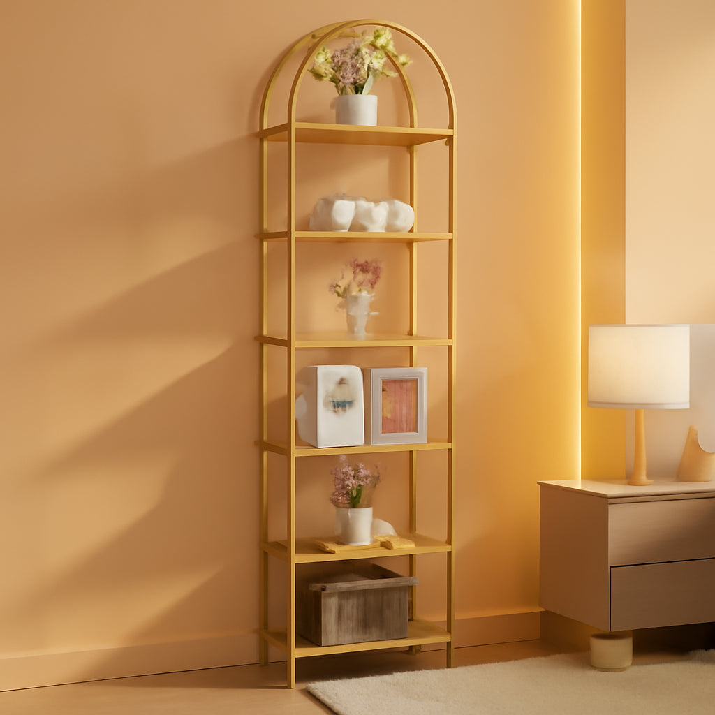 Gold Six Tier Bookcase With Tempered Glass Shelves-0