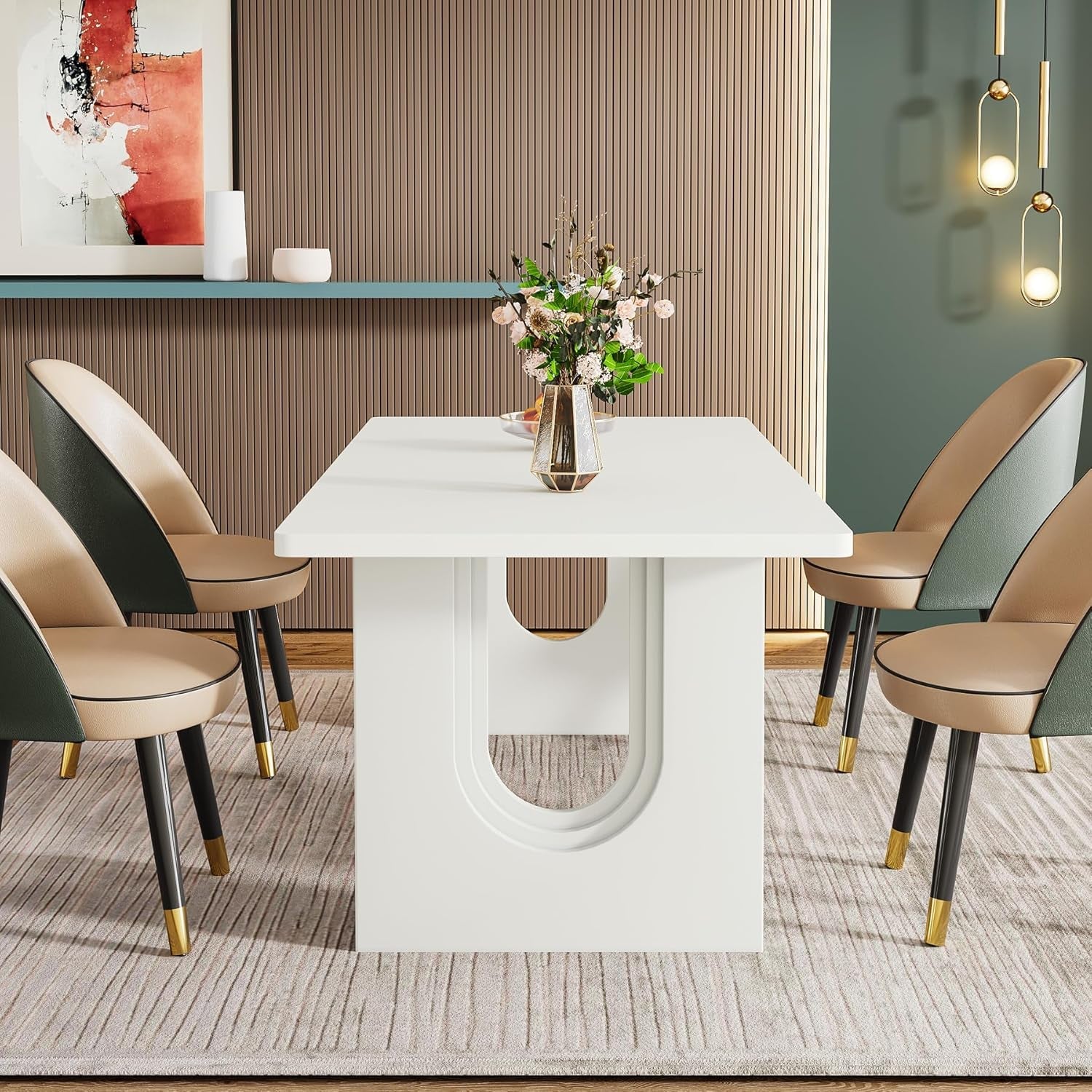 Modern White Dining Table 71 Inch With Wood Pedestal Base