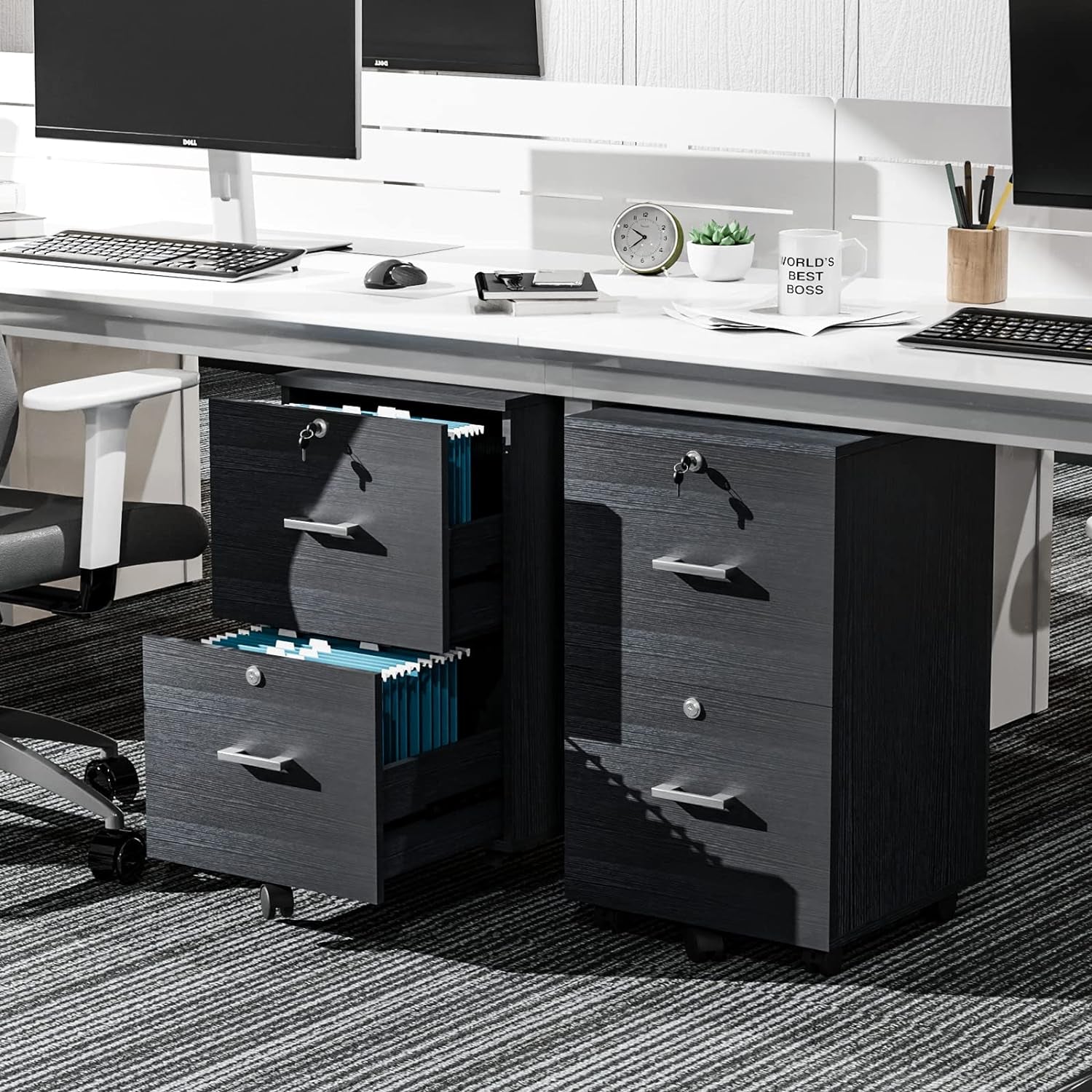 2 Drawer Rolling File Cabinet With Lock For Letter Size Folders Under Desk Black