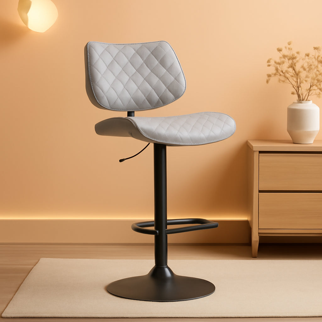 Grey Faux Leather Swivel Bar Stool With Adjustable Height