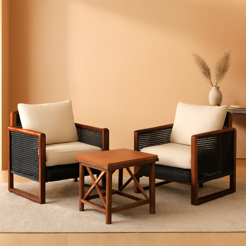 3 Piece Outdoor Patio Furniture Set With Wicker Chairs And Coffee Table Washable Cushions Acacia Wood Frame