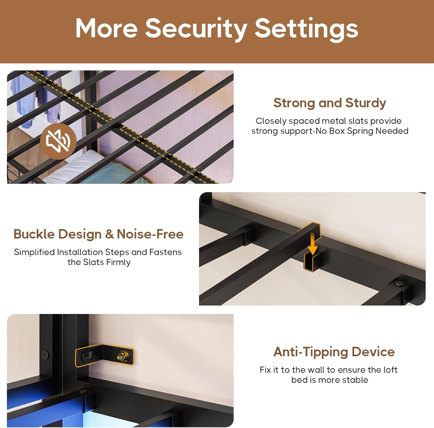 Black Full Over Twin Metal Bunk Bed With Desk LED Lights