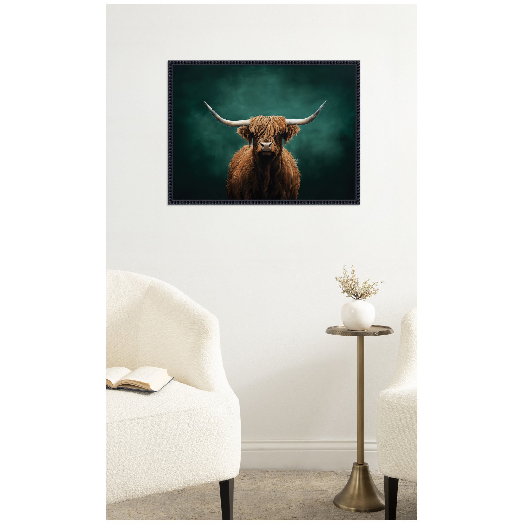 Highland Cow on Tonal Teal Green Abstract by The Creative Bunch Studio Framed Canvas Wall Art Print