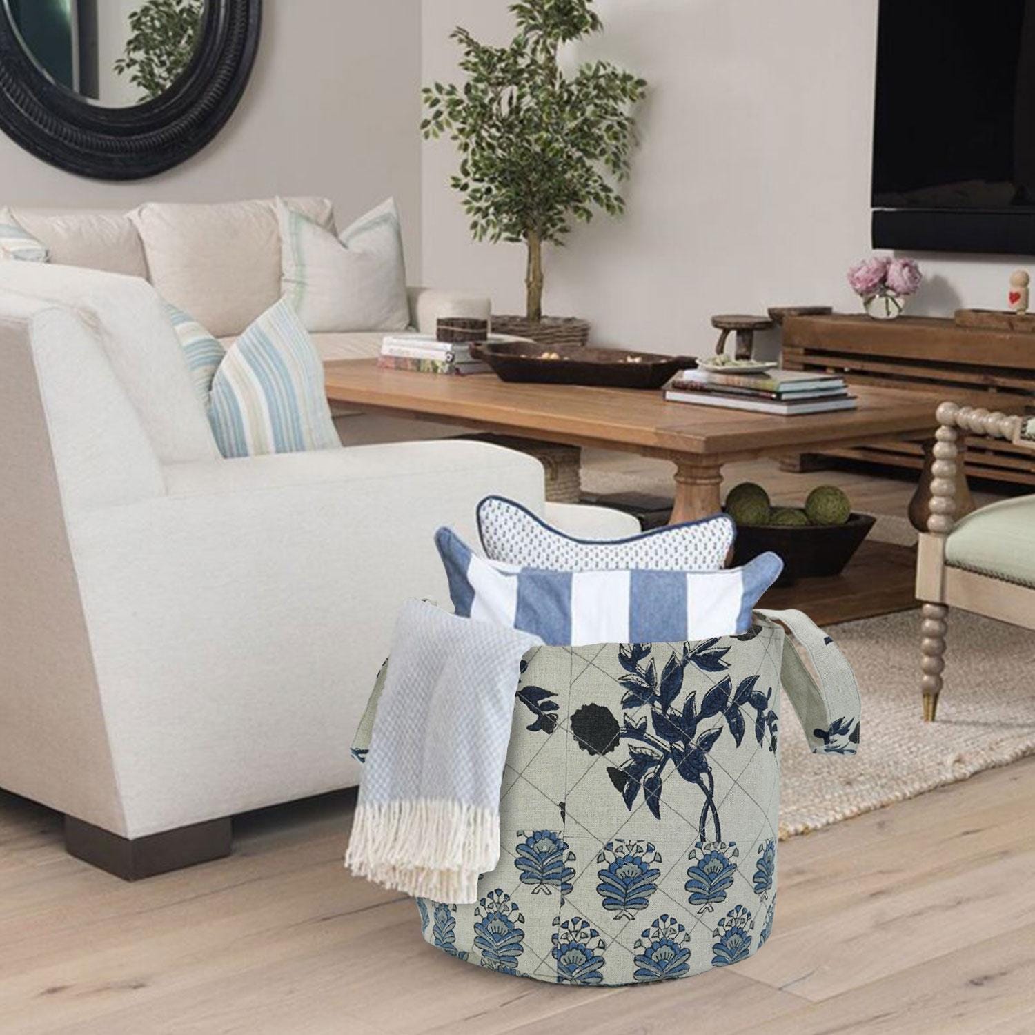 FLORAL LINEN HANGING ORGANIZER HOME DECOR CONTAINER SET IN BLACK & BLUE - BHEESHMA
