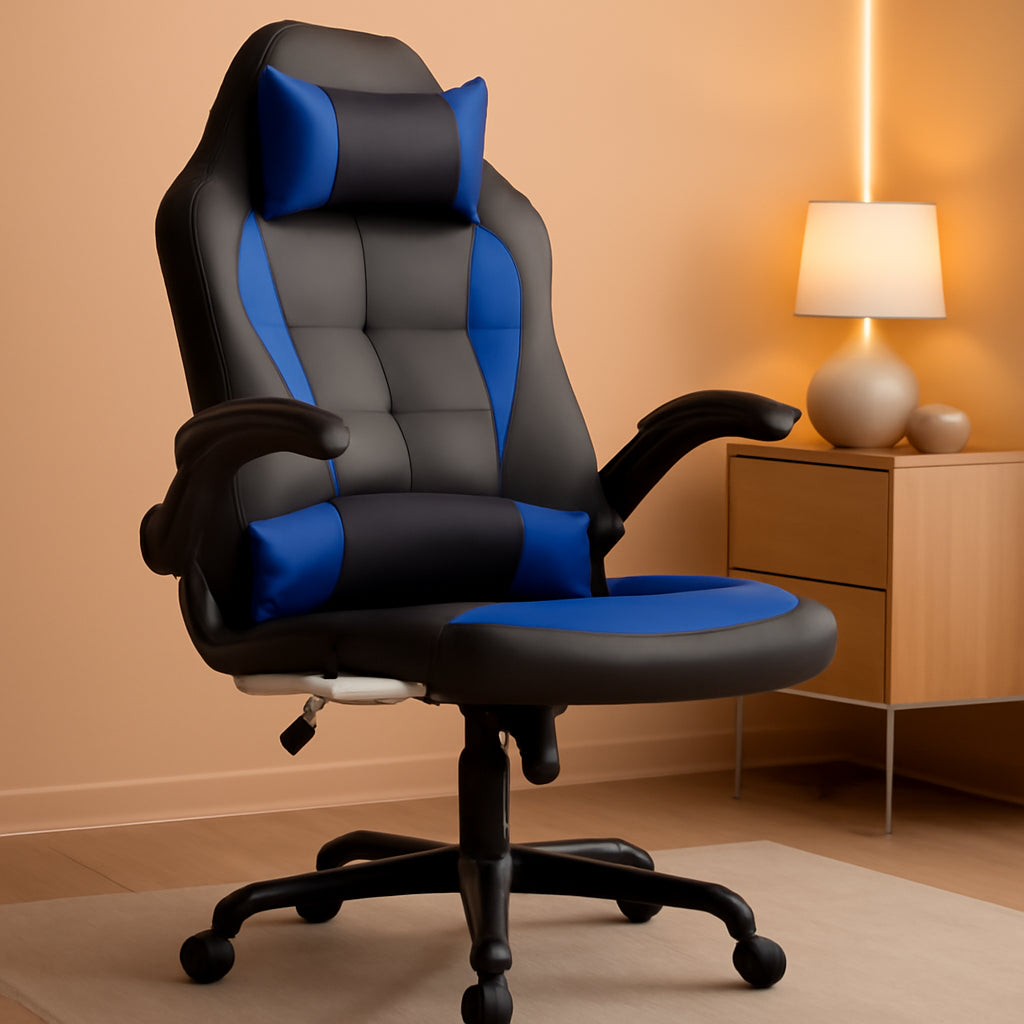 Blue PU Leather Ergonomic Gaming Chair With Lumbar Support