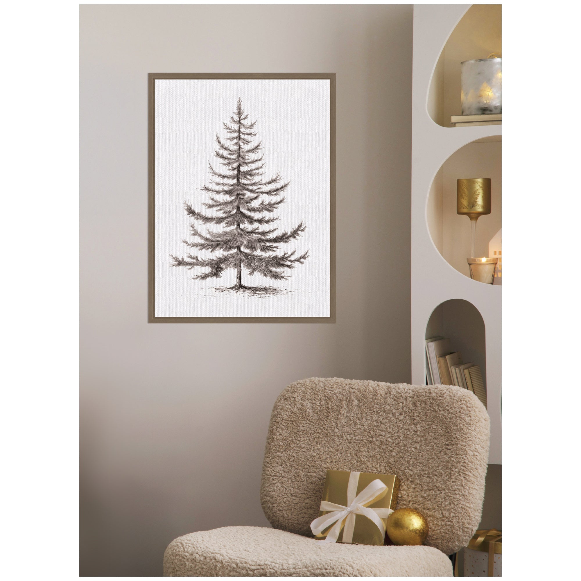 Sylvie Framed Canvas Vintage Evergreen Fir Tree lllustration II by The Creative Bunch Studio