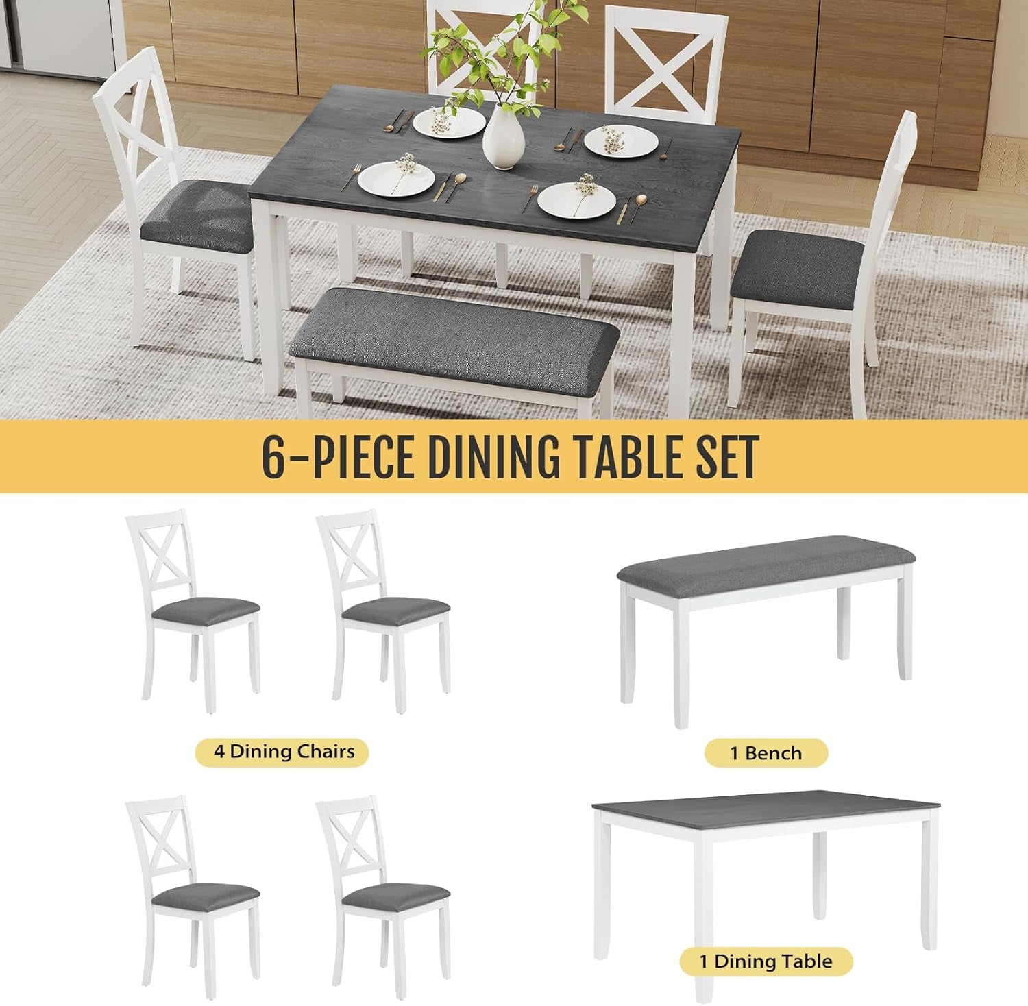 White Slate Grey Solid Wood Contemporary Dining Table Six Seater