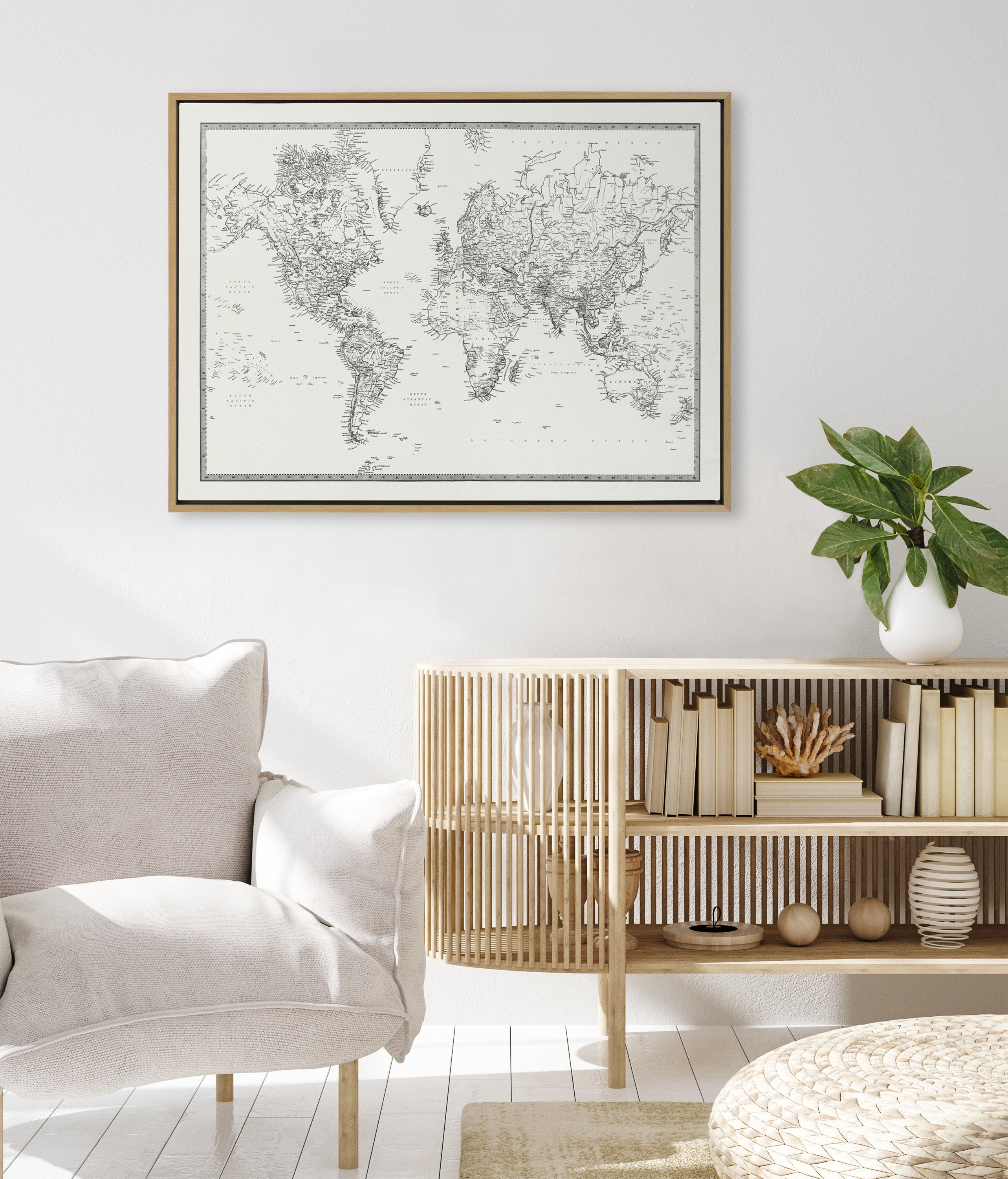Sylvie Vintage Black and White World Map Framed Canvas by The Creative Bunch Studio
