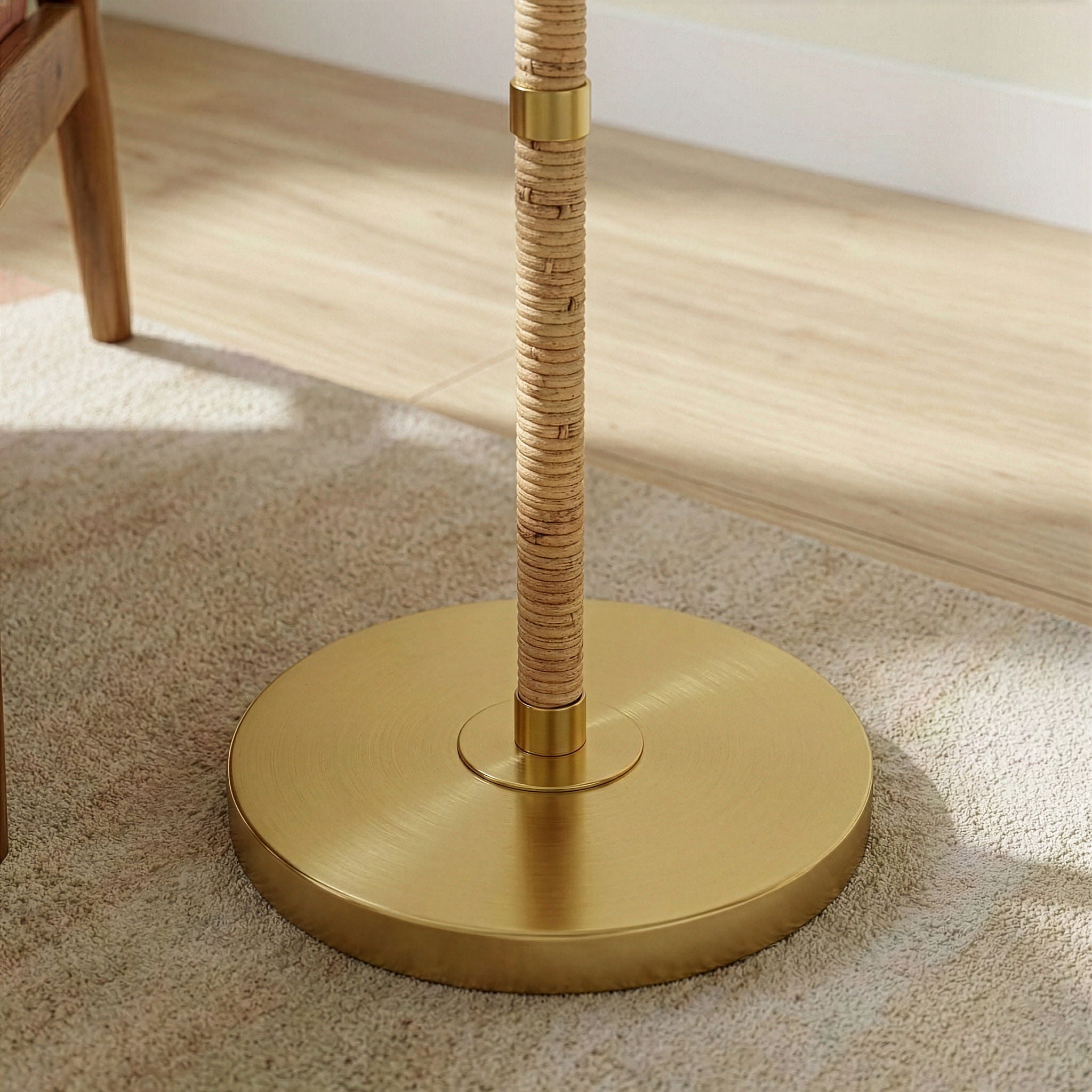 Stellar - Linen Shade Floor Lamp - Gold / Natural Wood / Rattan / White