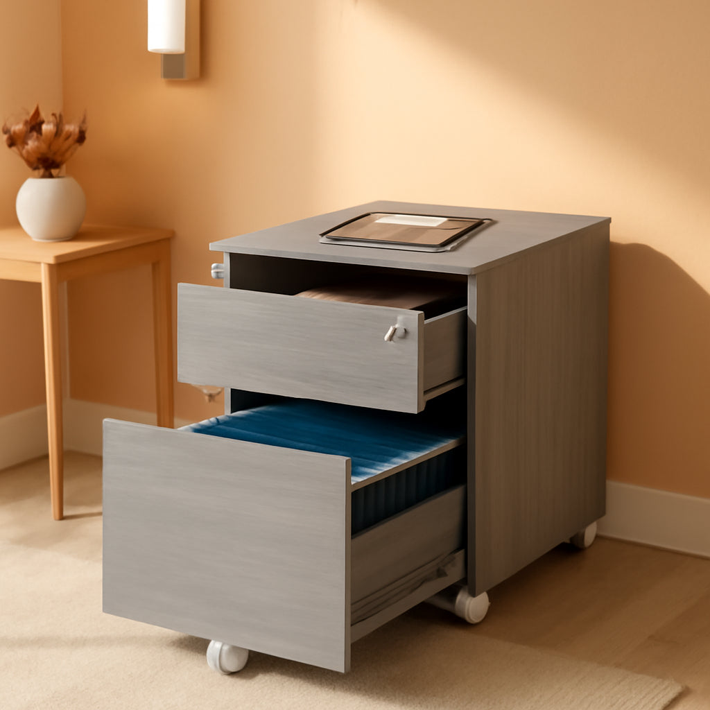 Grey Rolling Locking Two Drawer Vertical Filing Cabinet