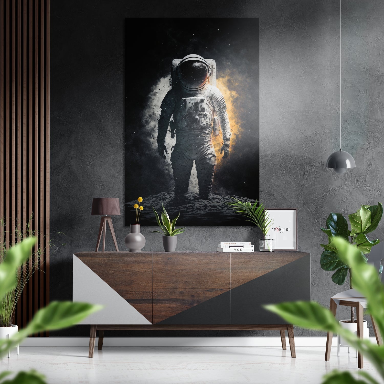 Golden Glow Moonwalk Astronaut Brushed Aluminum Dibond Wall Art