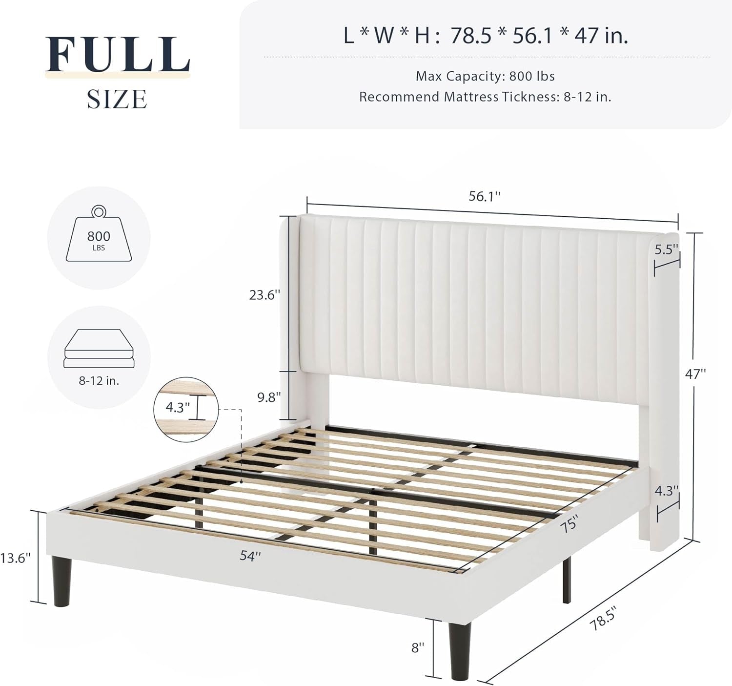 White Velvet Full Bed Frame With Wingback Tufted Headboard