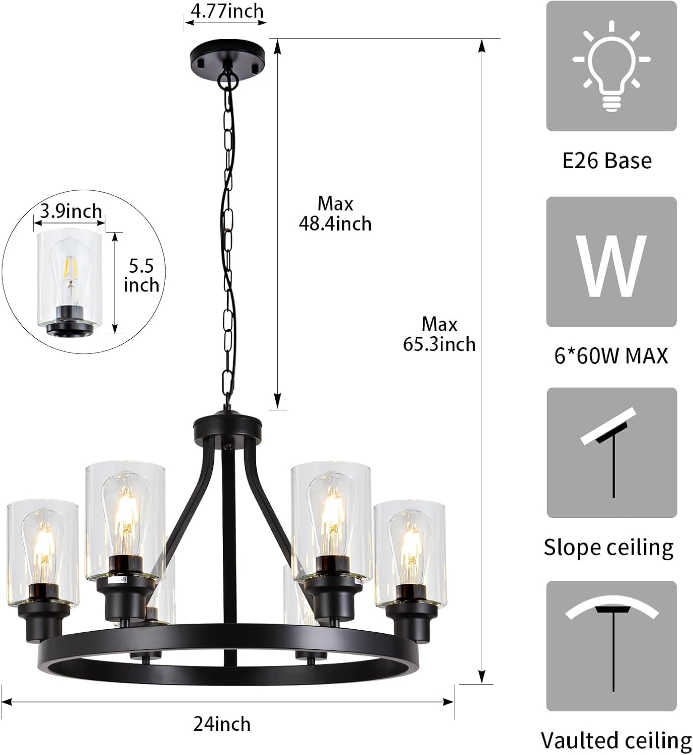 Six Light Farmhouse Black Metal Chandelier Adjustable-4