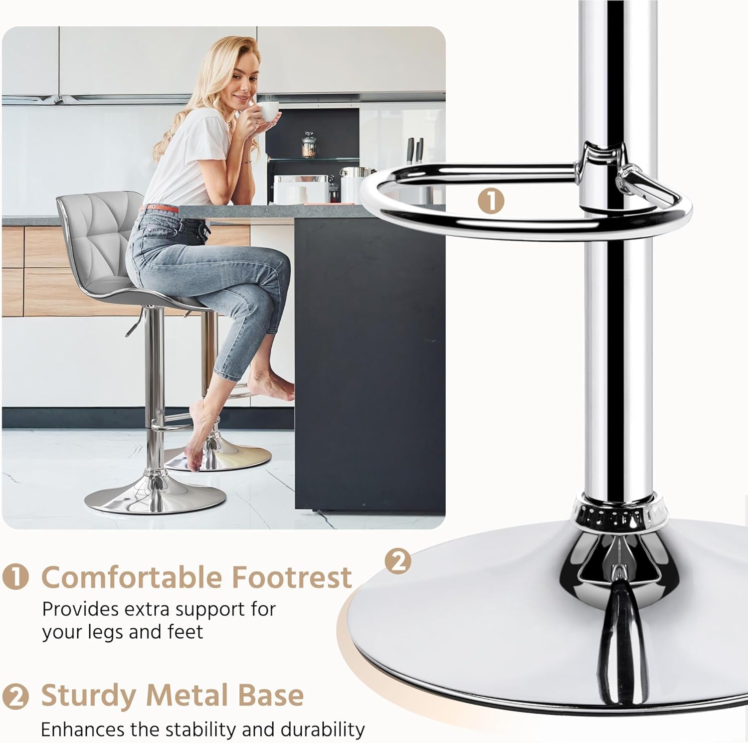 Bar Stools Set Of 2 Adjustable Swivel PU Leather Light Grey