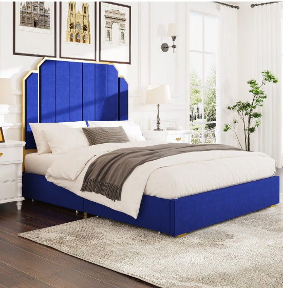 Queen Size Bed Frame &amp; 59.06" Headboard, Upholstered Bed with Gold Plating Trim, Modern Platform Bed Without Box, Navy Blue Queen Bed