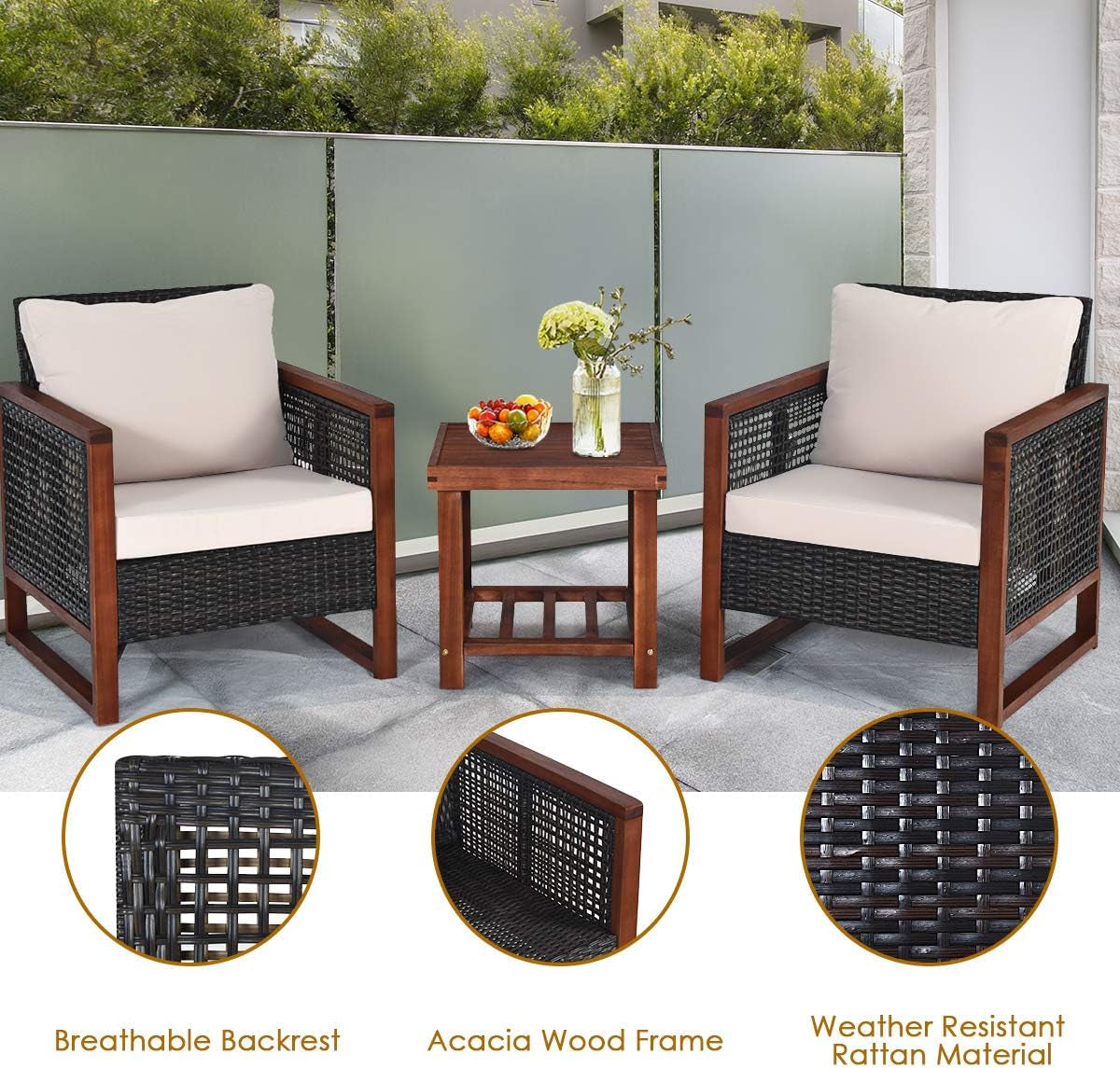 3 Piece Outdoor Patio Furniture Set With Wicker Chairs And Coffee Table Washable Cushions Acacia Wood Frame
