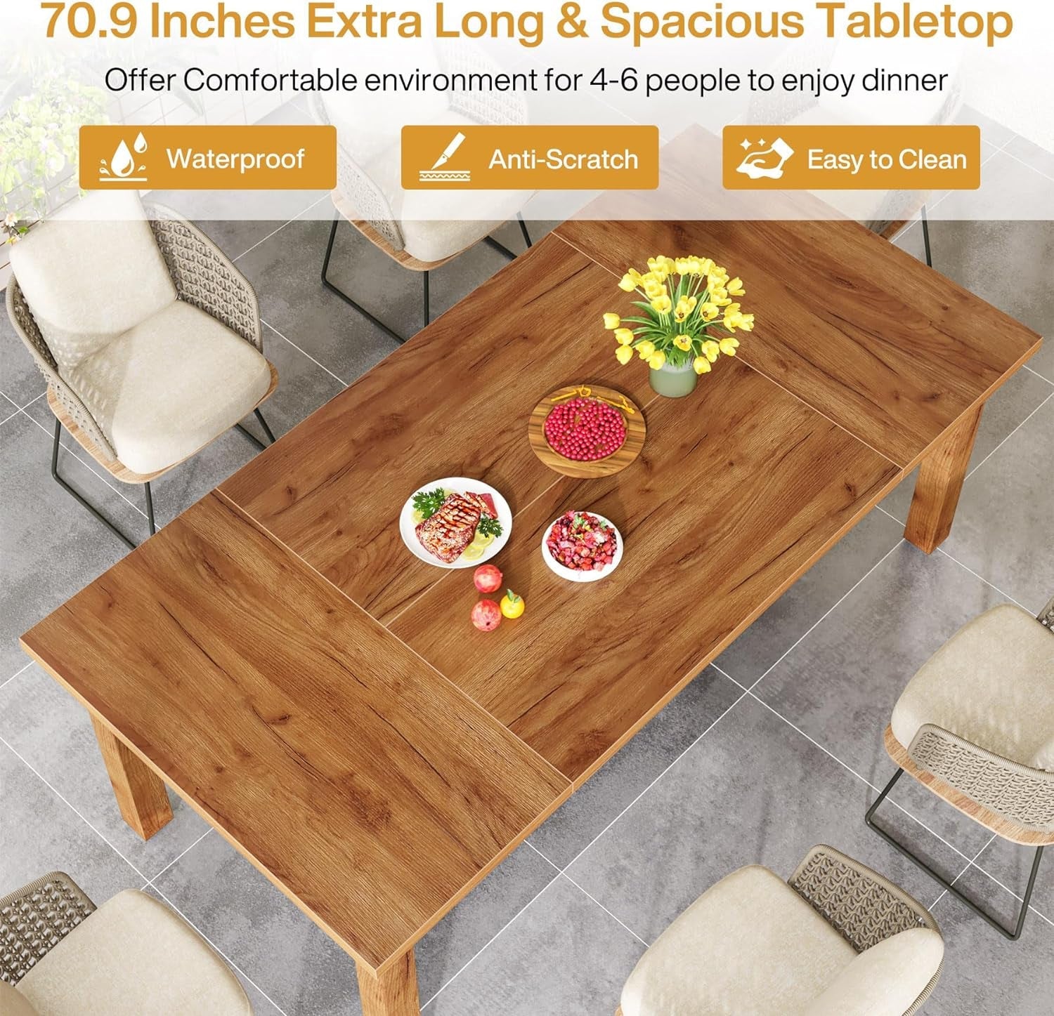 70.87 Inch Wood Dining Table Farmhouse Thickened Legs