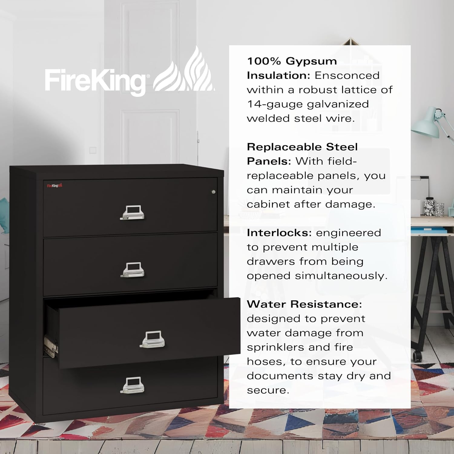 Lateral 4 Drawer Fire Safe File Cabinet With Key Lock Black