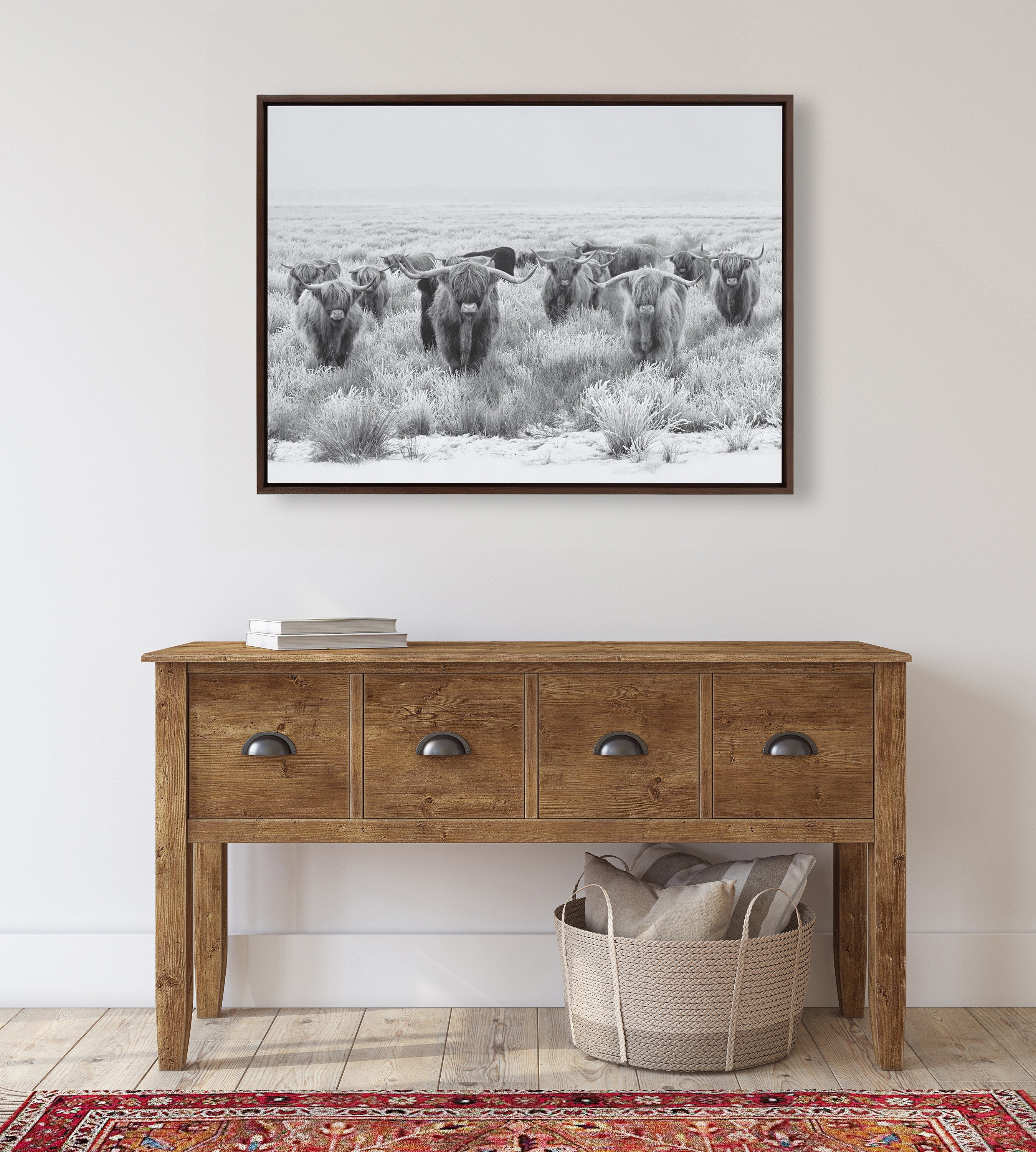 Sylvie Herd of Highland Cows Black and White Framed Canvas by The Creative Bunch Studio