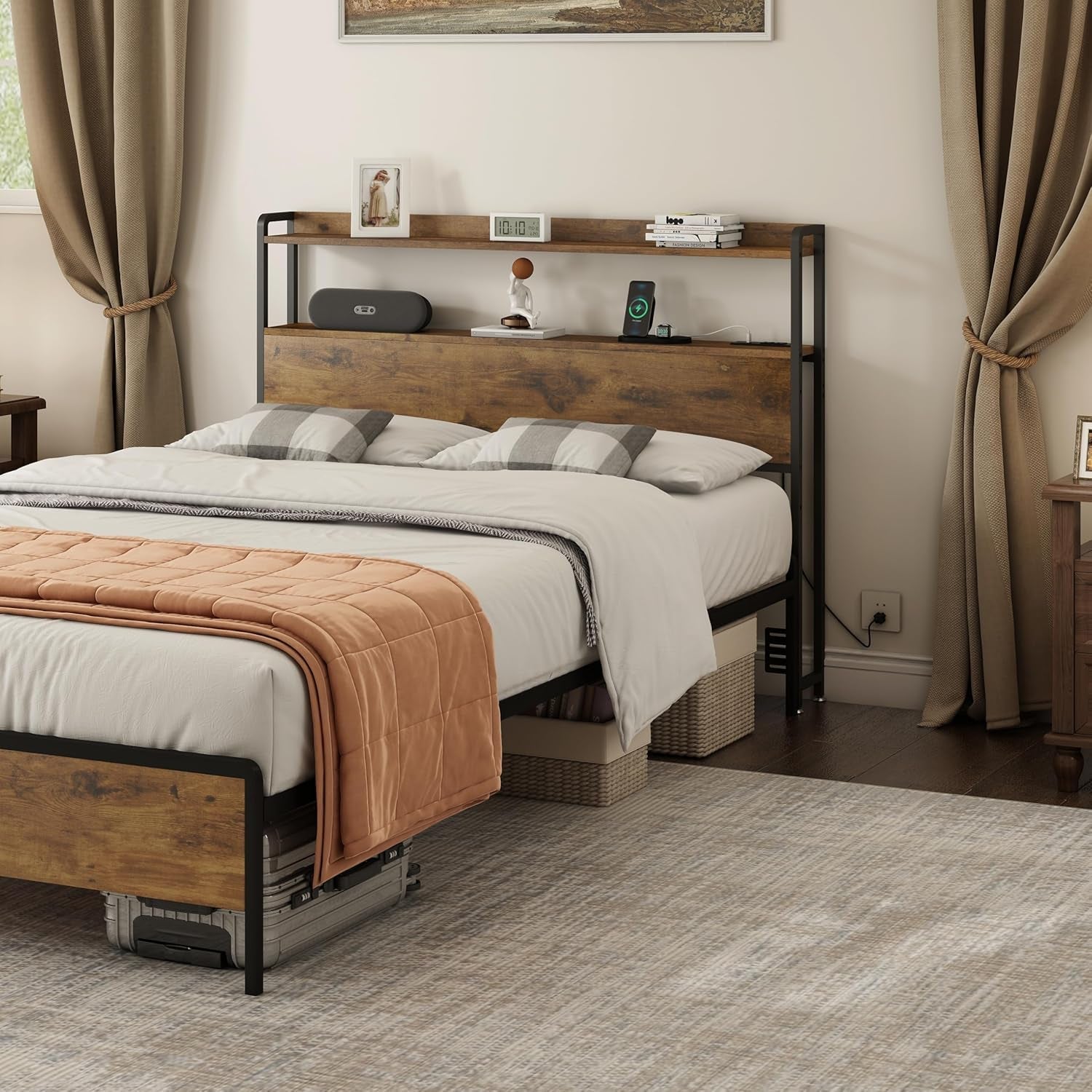 Adjustable Full Size Headboard with USB Ports and Storage