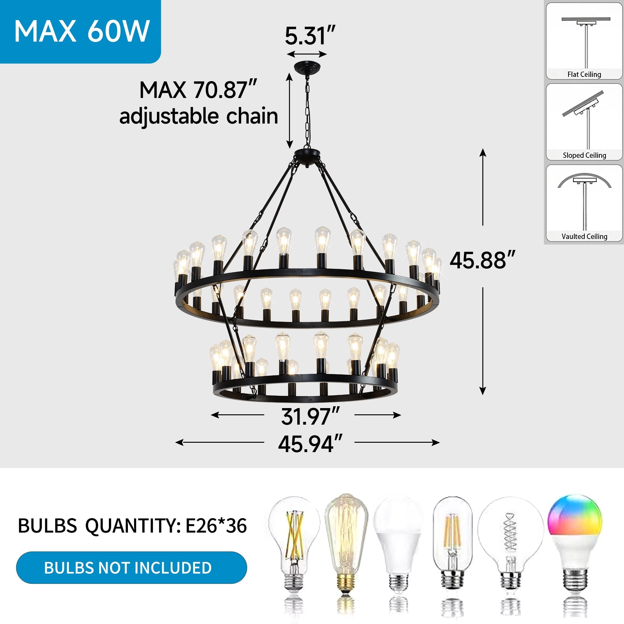 47.24 Inch Matte Black Wagon Wheel Chandelier with 36 Lights