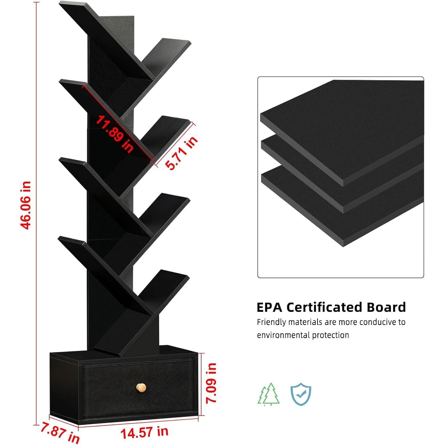 8 Tier Tree Bookshelf Drawer Freestanding Black Bookcase