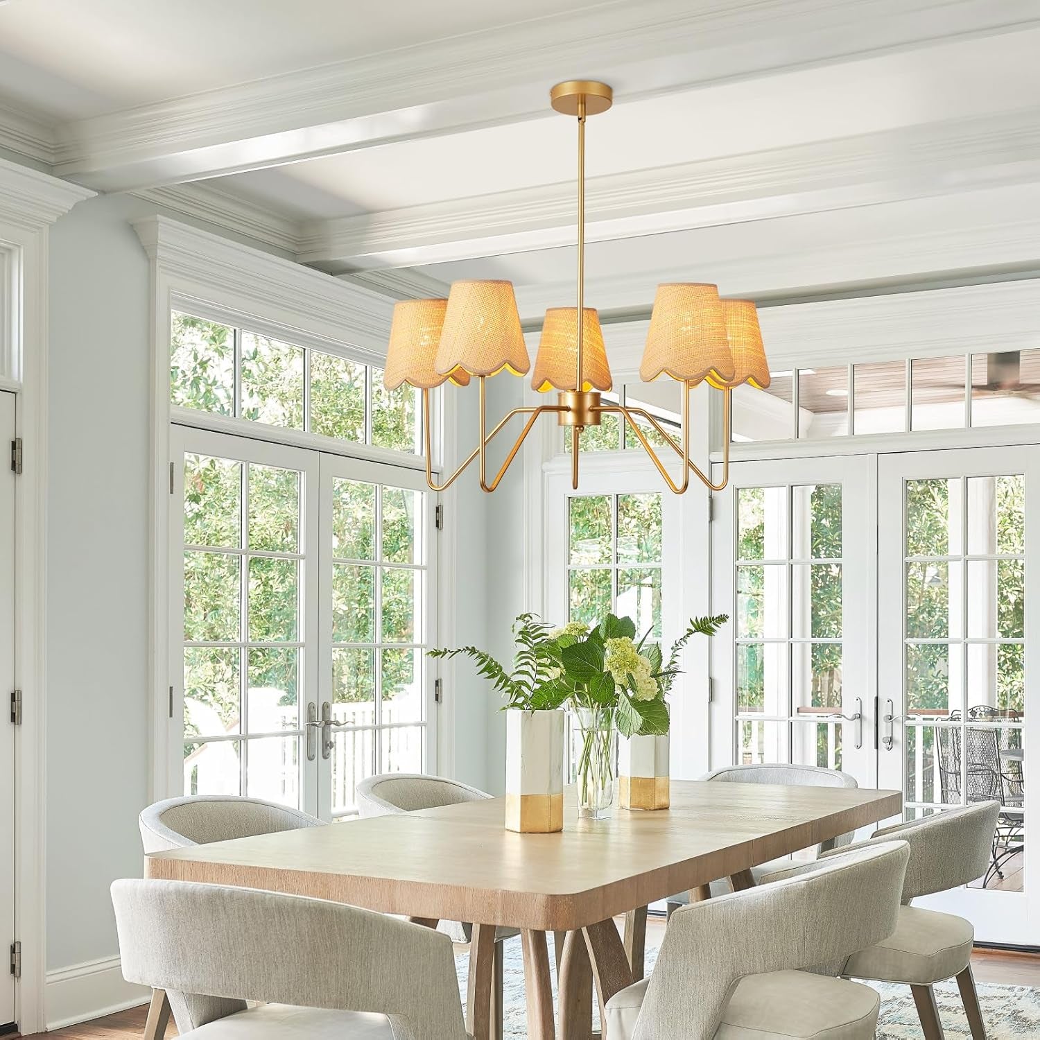 28 Inch Rattan Chandelier Antique Brass Five Light Pendant-1