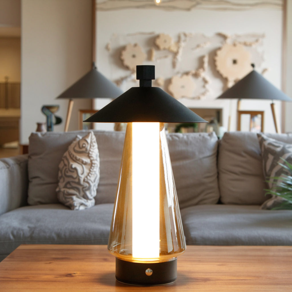 3-Way Dimmable Bedside Lamp (12"H): Umbrella-Shaped Touch Control, Grey Anodized Glass Shade (Indoor/Outdoor)-0