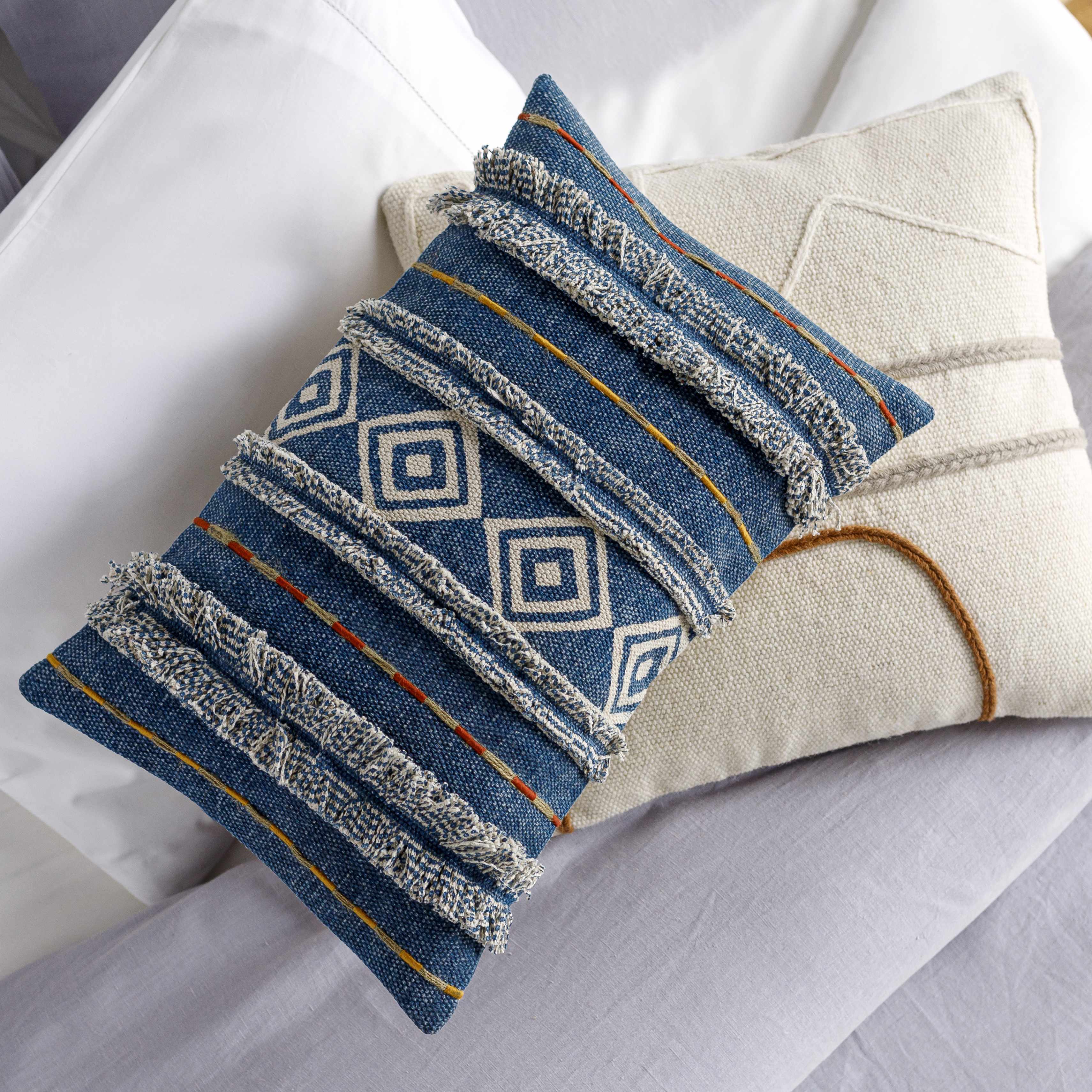 Akyaka Blue Geometric Fringe Throw Pillow - Clearance-2