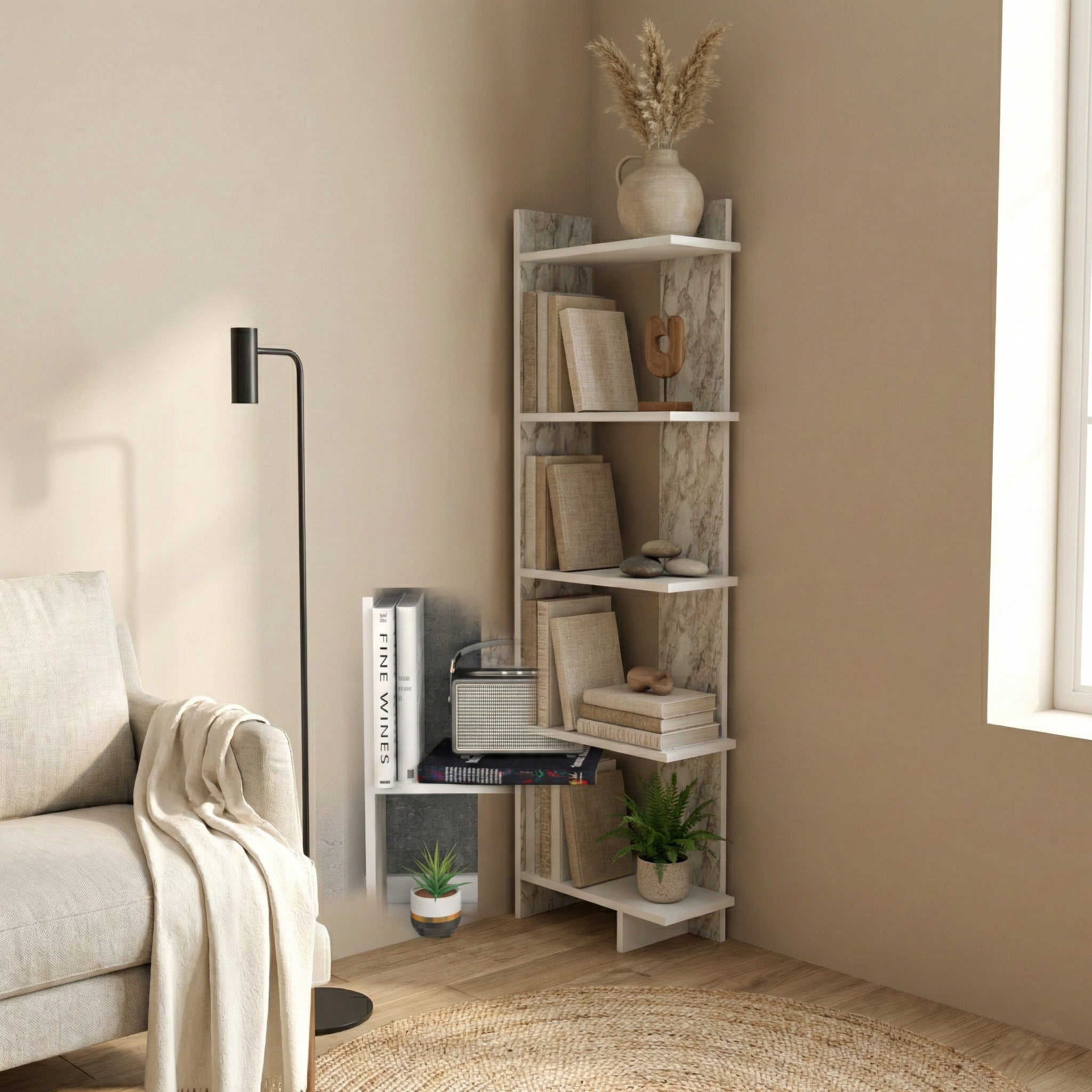 Alice 67” Corner Bookcase – 5-Tier Narrow L-Shaped Wall-Mounted Corner Bookshelf