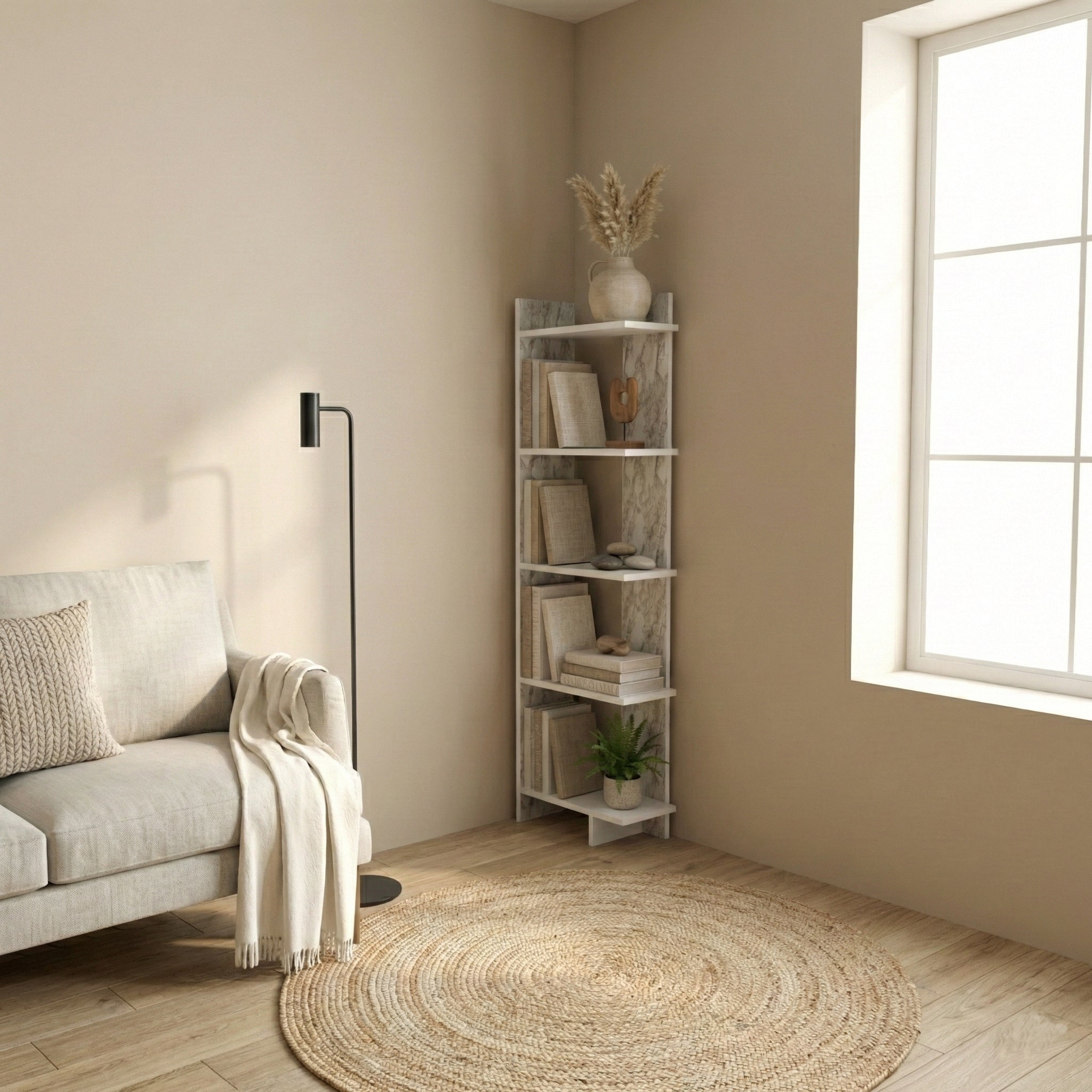 Alice 67” Corner Bookcase – 5-Tier Narrow L-Shaped Wall-Mounted Corner Bookshelf