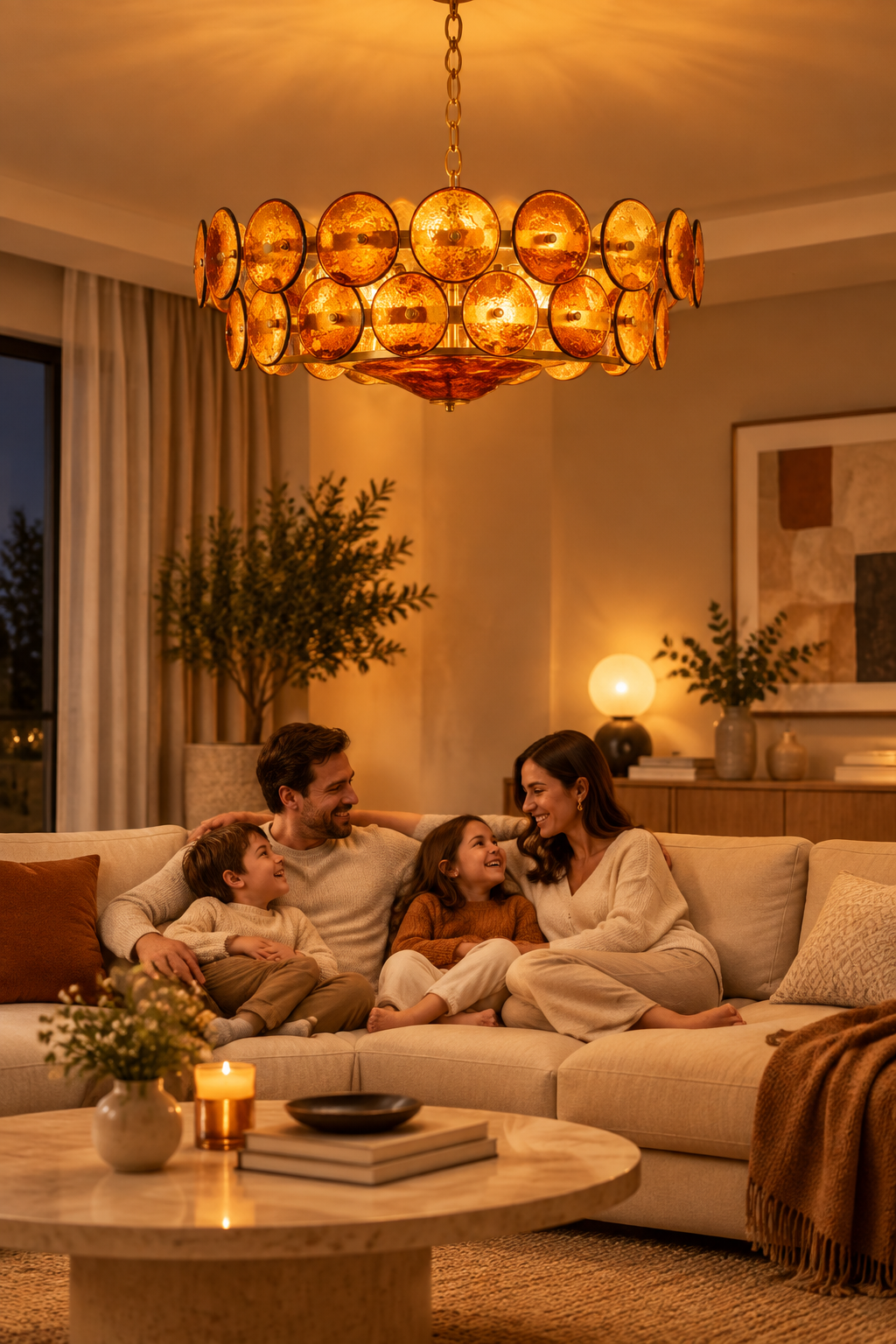 Ambra Series | Amber Murano-Style Glass Disc Chandelier with Solid Brass Frame for Dining