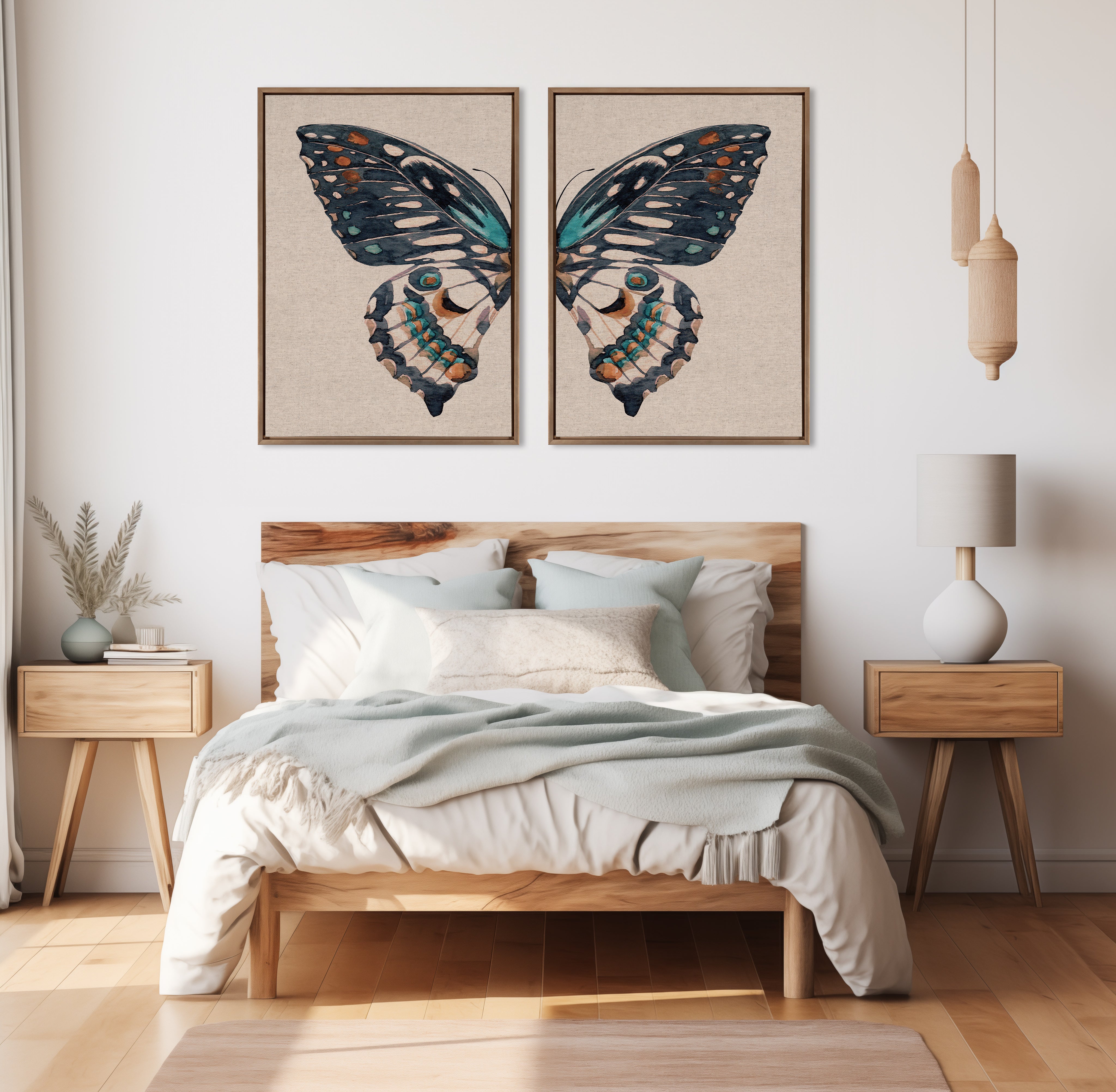 Sylvie Boho Butterfly Watercolor Diptych Neutral Linen Framed Canvas Art Set by The Creative Bunch Studio