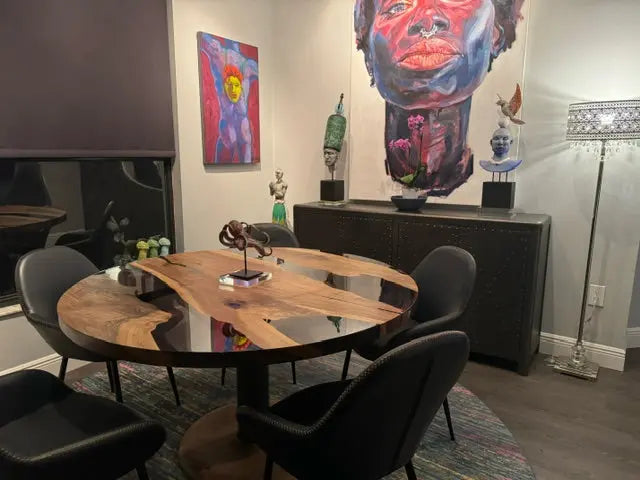 Custom Round Epoxy Resin Walnut Dining - Kitchen Table With Wood Base
