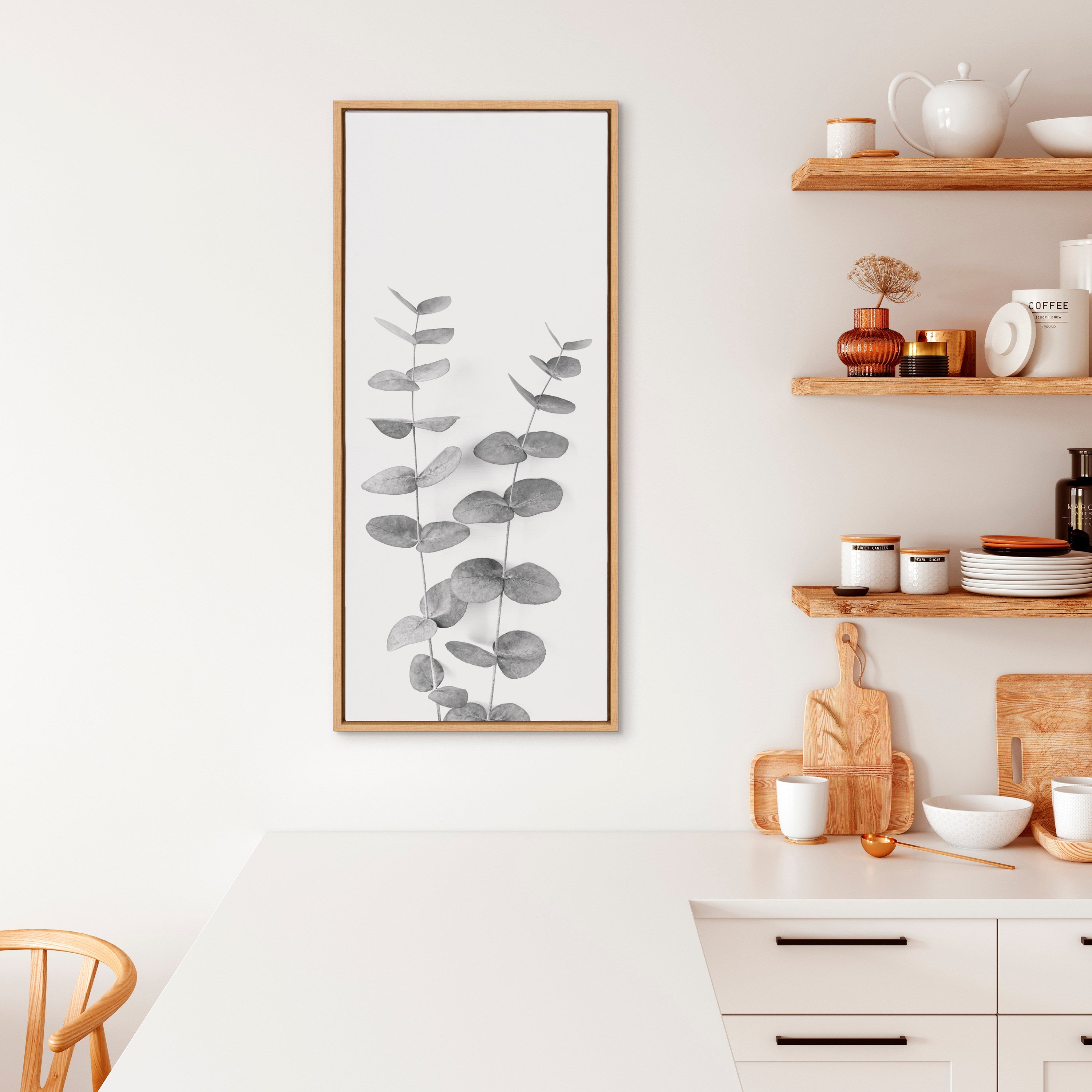 Sylvie Eucalyptus Botanical II Gray and Soft White Framed Canvas by The Creative Bunch Studio