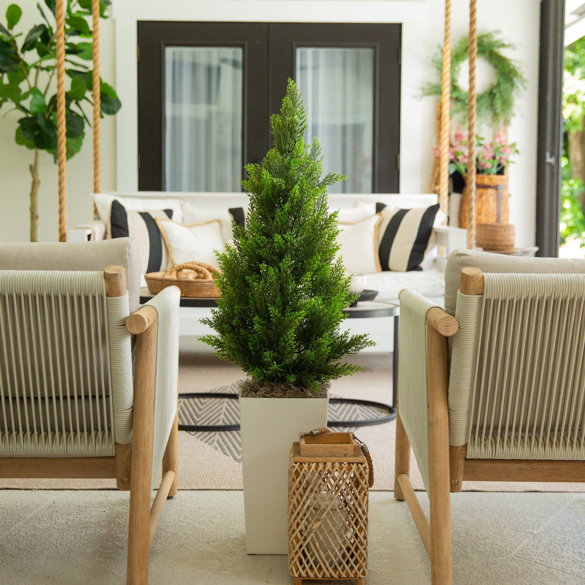45" UV Resistant Artificial Cedar Tree in White Tower Planter (Indoor/Outdoor)
