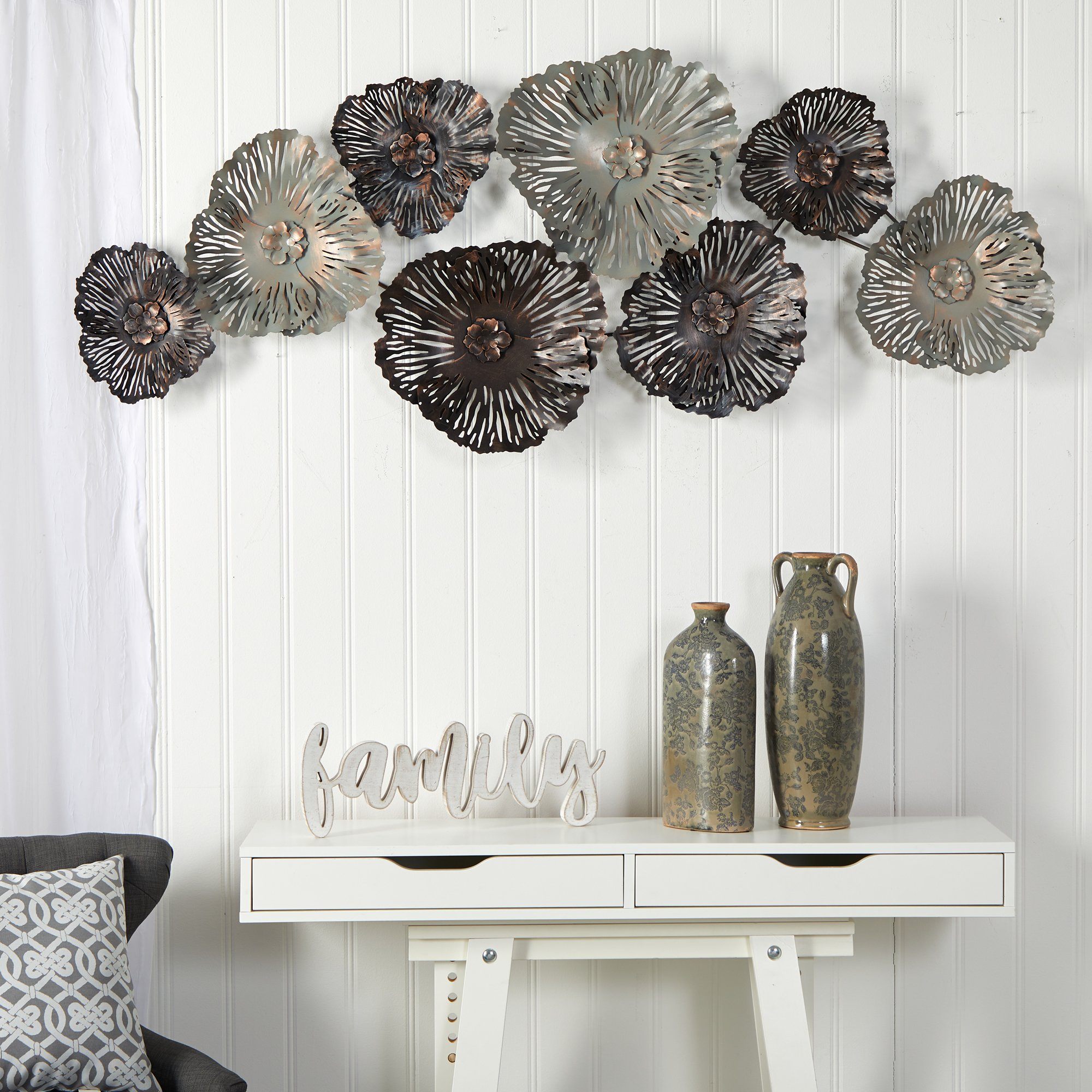 5’ x 2’ Floating Metal Floral Design Metal Wall Art Decor
