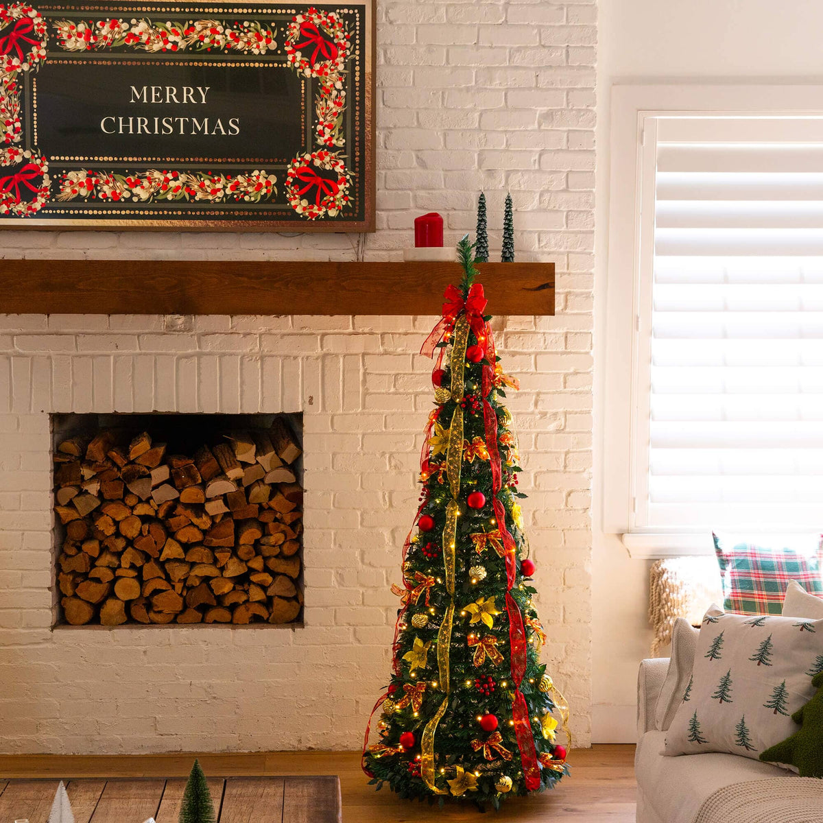 6' Pre-Lit Artificial Pop up Christmas Tree with Red & Gold Ornaments, Ribbons and 150 Warm White LED Lights