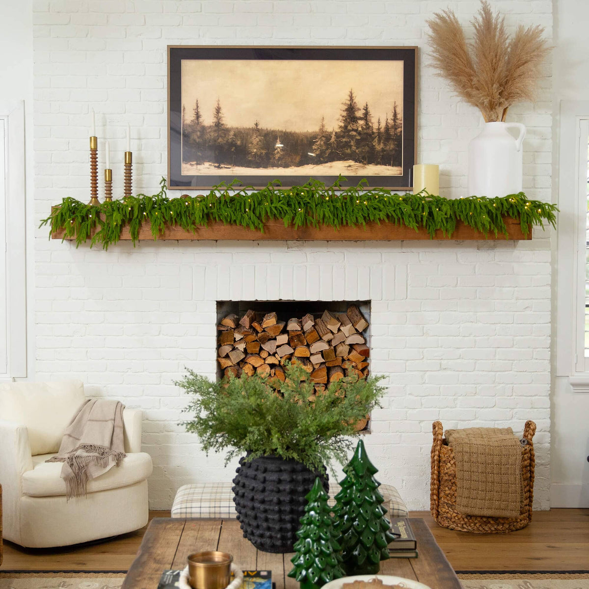 9' Pre-Lit Artificial Real Touch Norfolk Island Pine Garland with 50 Warm White LED Lights and Natural Look