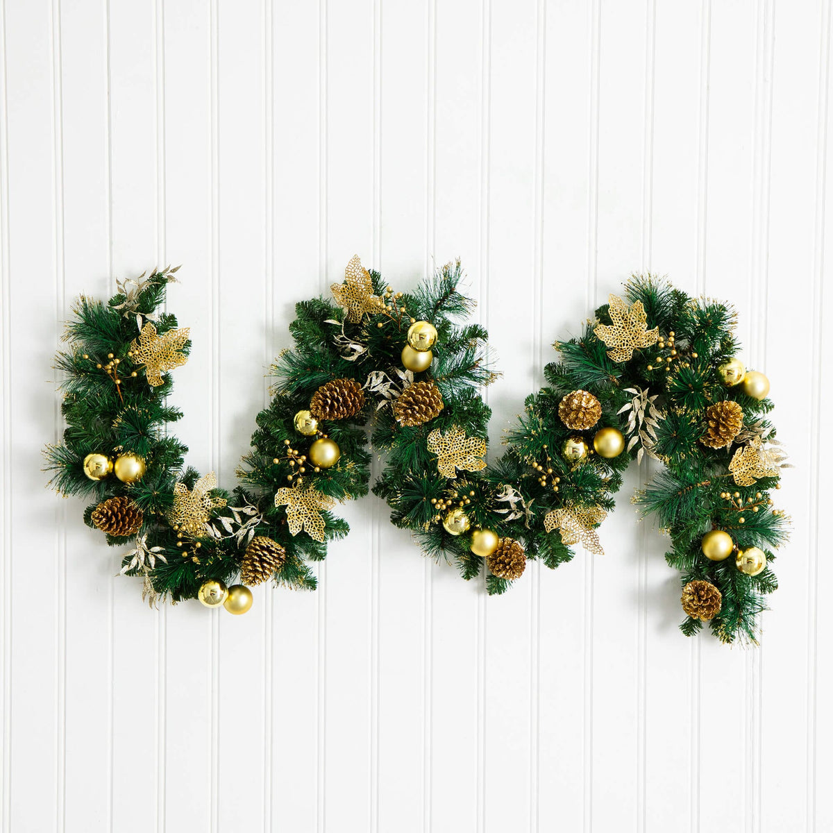9' Pre-Lit Artificial Golden Frosted Christmas Garland with 50 Warm White LED Lights Pinecones, Berries and Ornaments