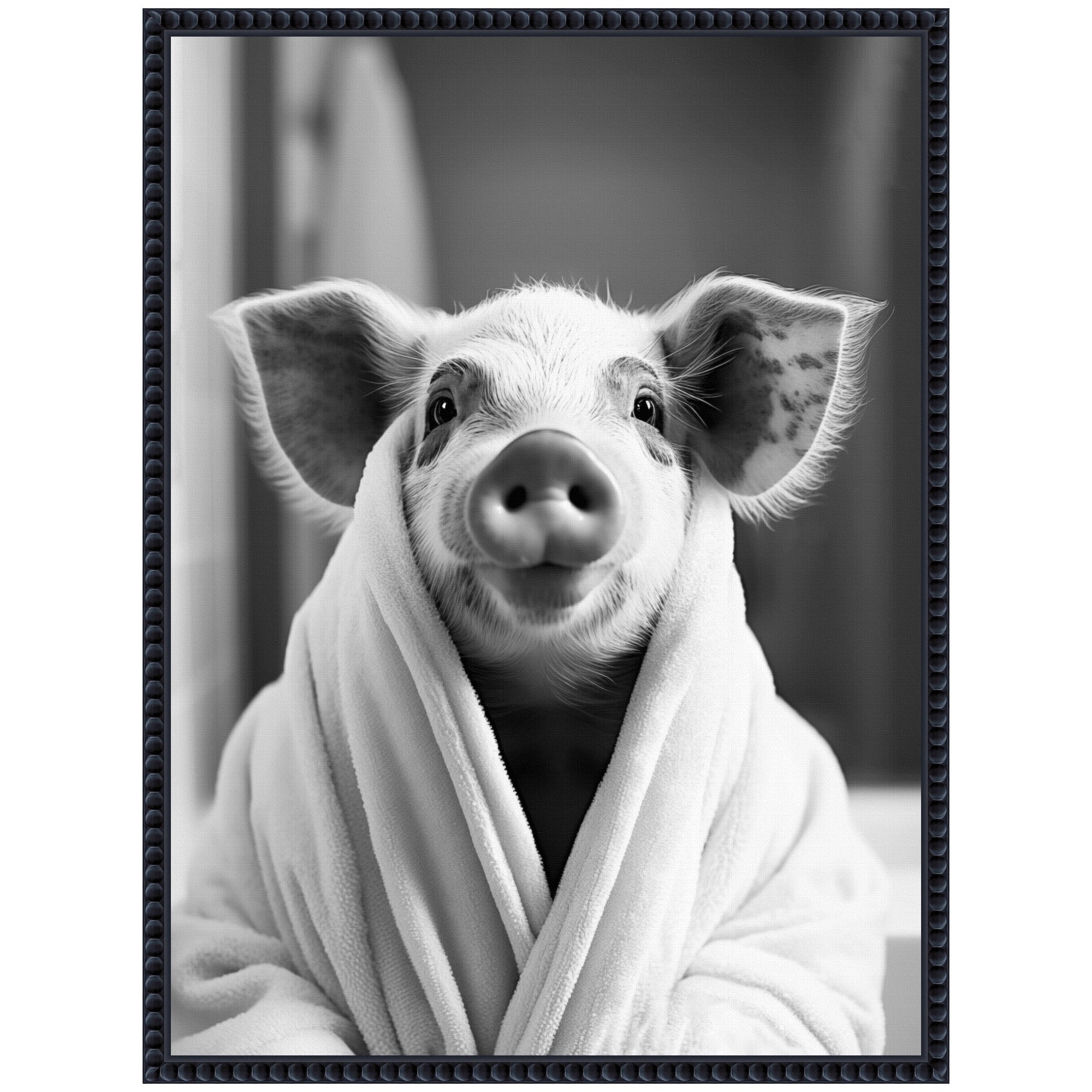 Sylvie Pig Bathroom Art Towel Robe Black and White Framed Canvas by The Creative Bunch Studio